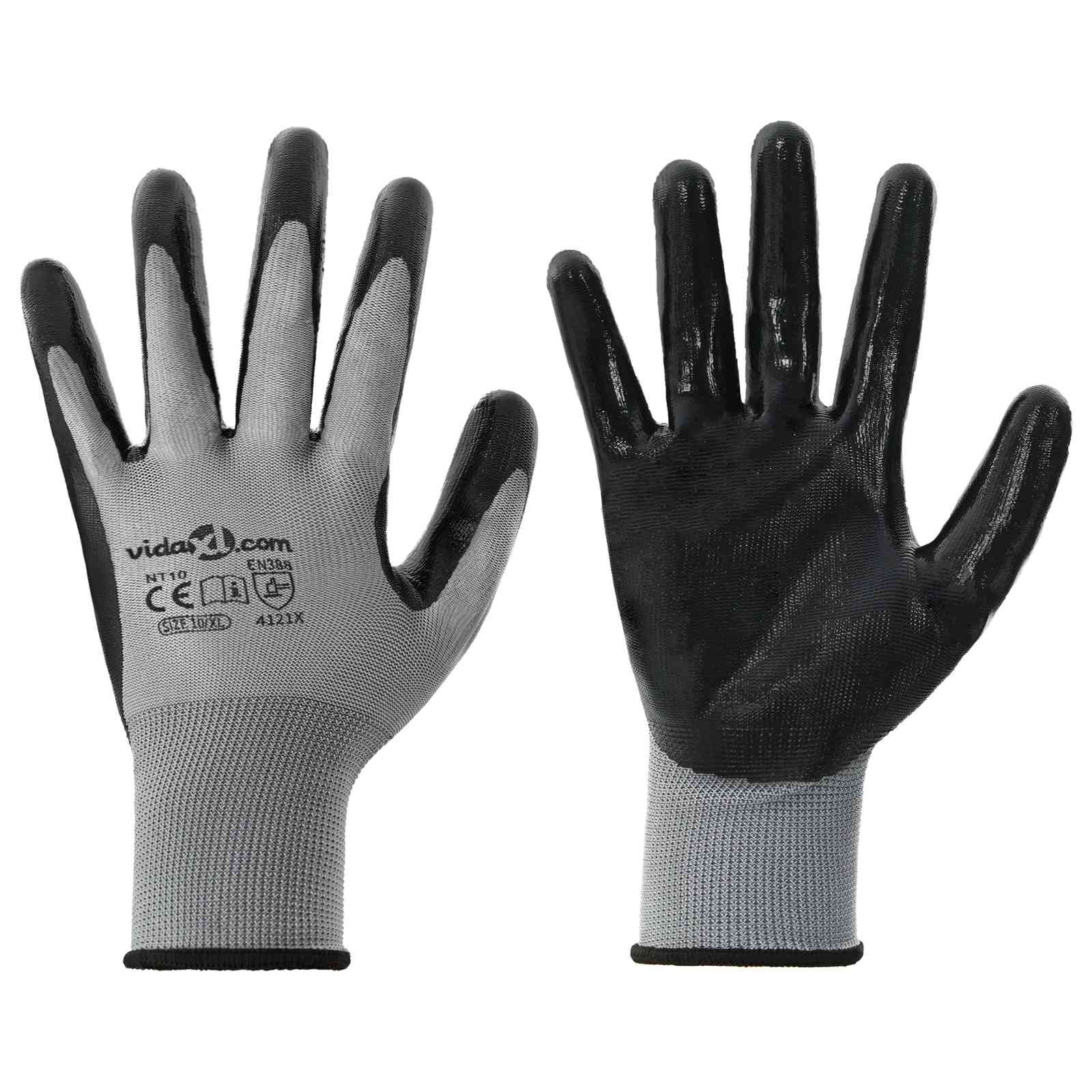vidaXL Arbeitshandschuh-Set Arbeitshandschuhe 12 Stk. Grau und Schwarz 10 / XL Polyester (12-St)