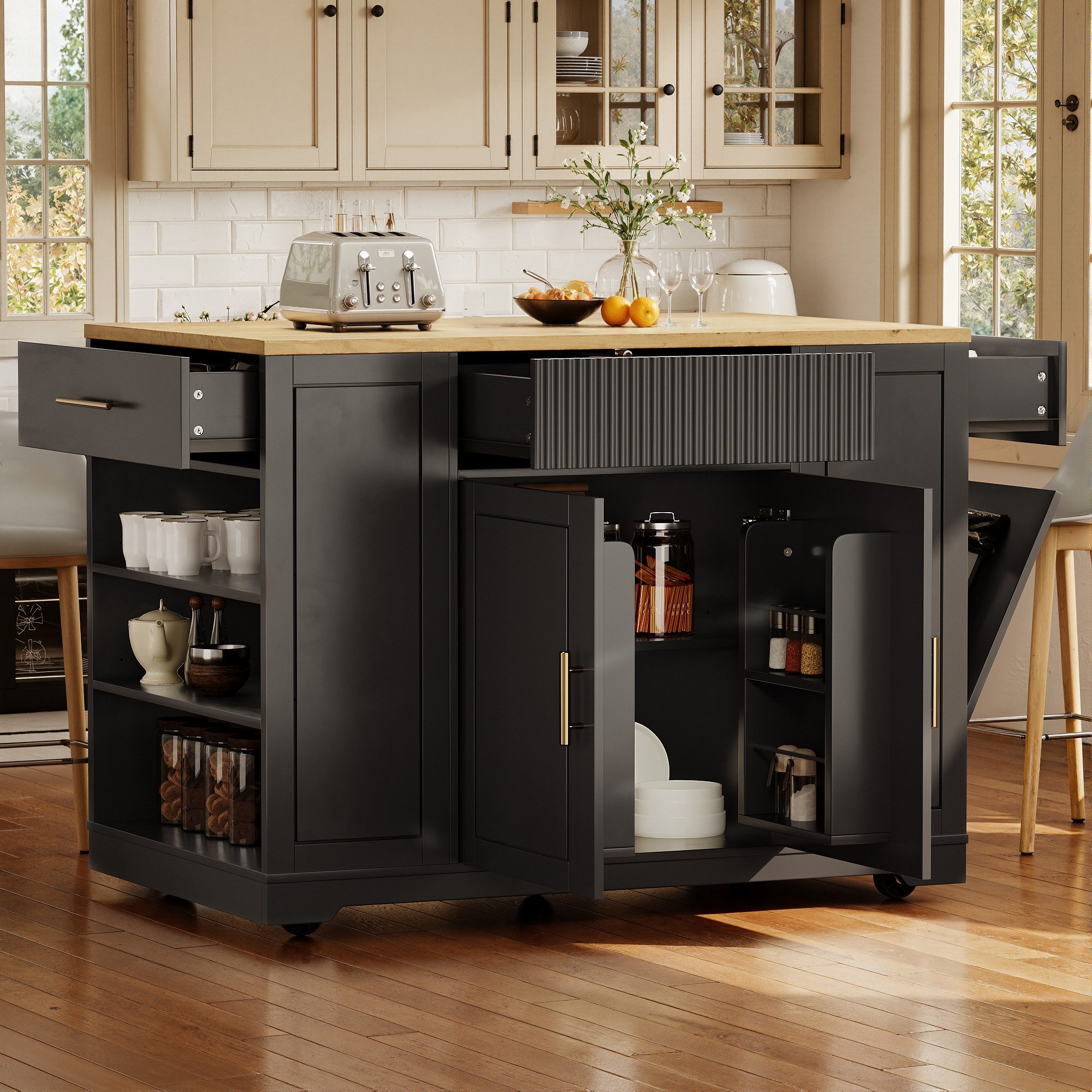 Flieks Küchenwagen mit Rollen, Schubladen, Klappen, Türregalen und verstellbarer Ablagen, (1 St), Kücheninsel Buffetschrank Servierwagen mit Abfallbehälterfach Schwarz