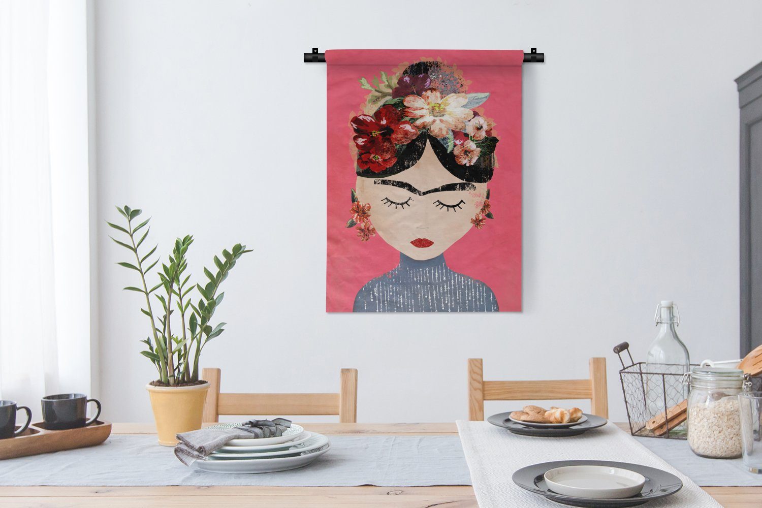 an Tapisserie, der Frida Vintage Blumen - für - Schlafzimmer - Wand, Frau Kunst, MuchoWow Kahlo Wanddekoobjekt Wohnzimmer, Deko -
