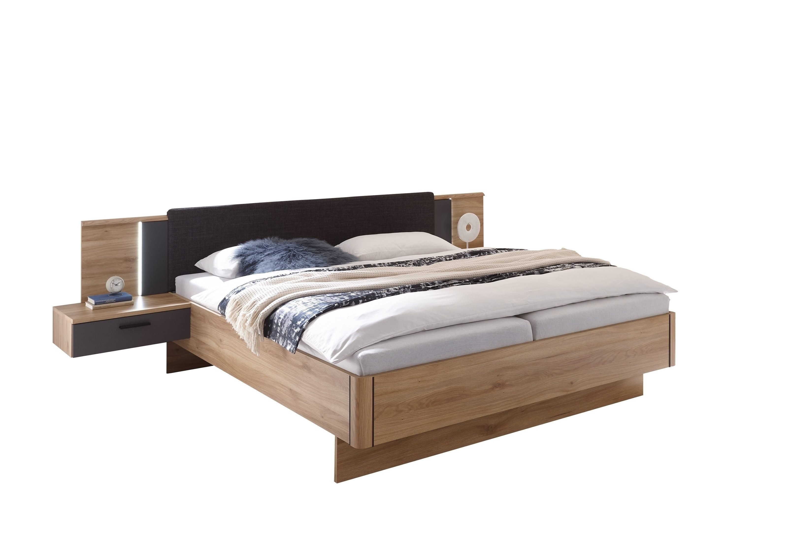 PREISBRECHER Bettanlage Aschau, LED, 2 Schübe, Mauvella Eiche Dekor / Graphit - 305x93x210cm (BxHxT)