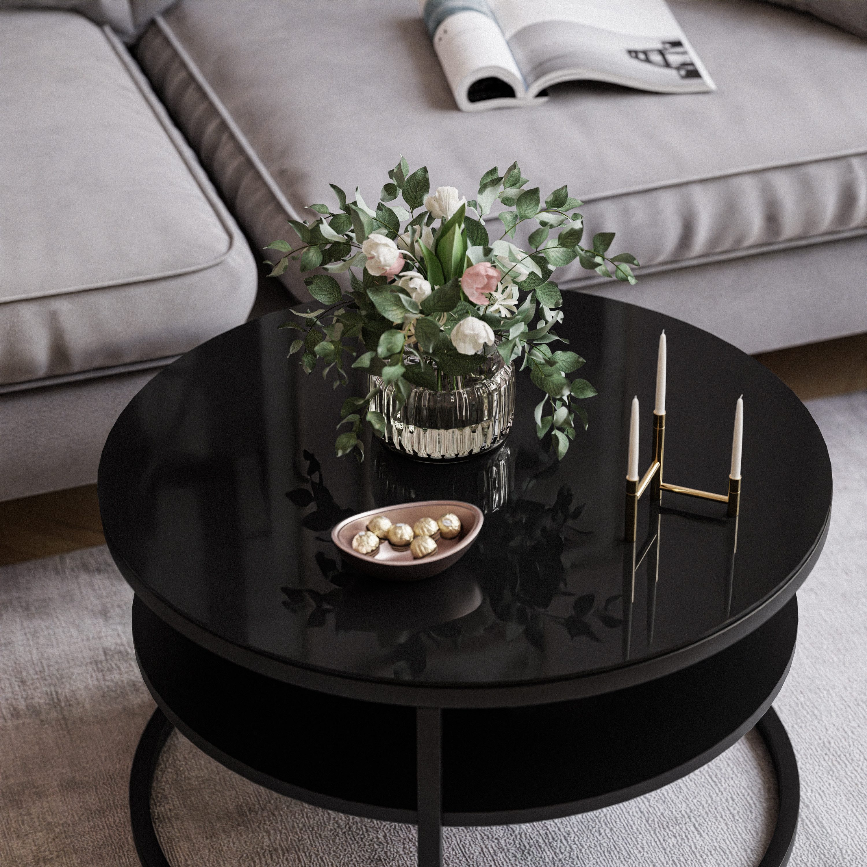 Lookway Couchtisch CIRI GLASS 60 mit schwarzem Gestell und Ablage (1 Tische), Durchmesser: ⌀ 60 cm, Höhe: 41 cm – Bild 3 von 5