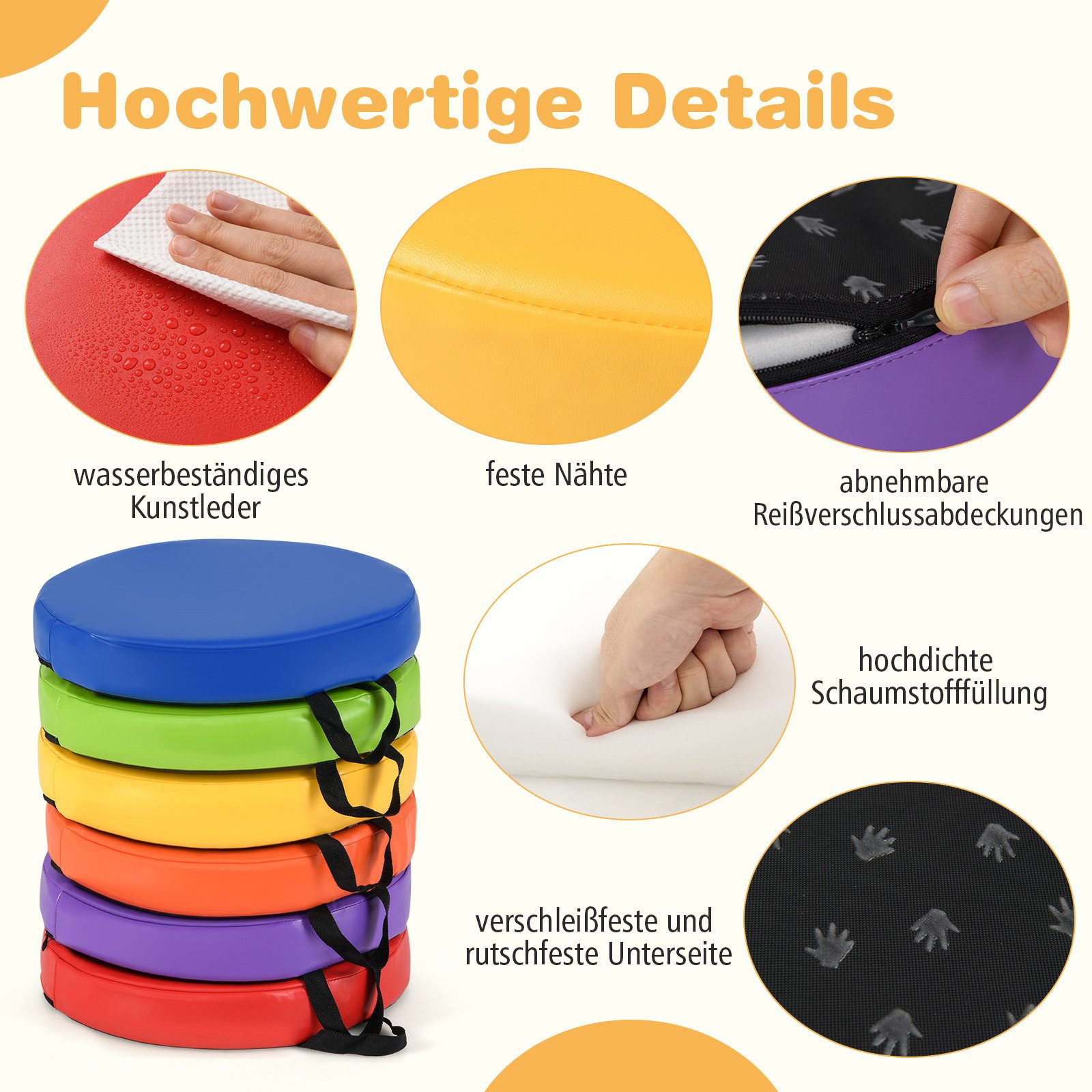 COSTWAY Bodenkissen, Kinder Sitzkissen rund mit Griff & Reißverschluss