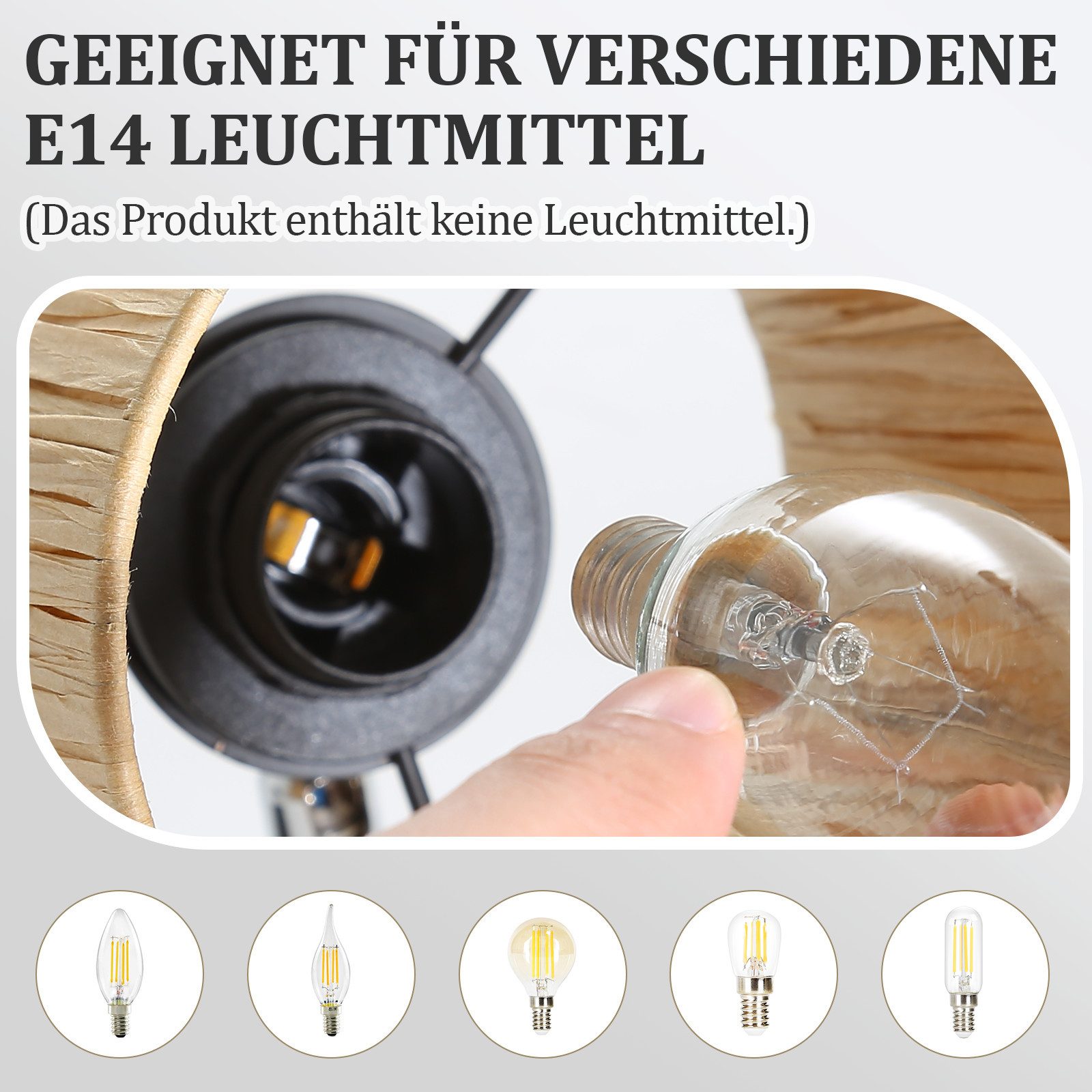 ZMH Deckenstrahler 2/3/4/5 Flammig E14 Schwarz Natürlich Deckenlampe Papier Wohnzimmer, Einfache Installation, ohne Leuchtmittel, 350°Schwenkbar Deckenspots für Schlafzimmer Flur