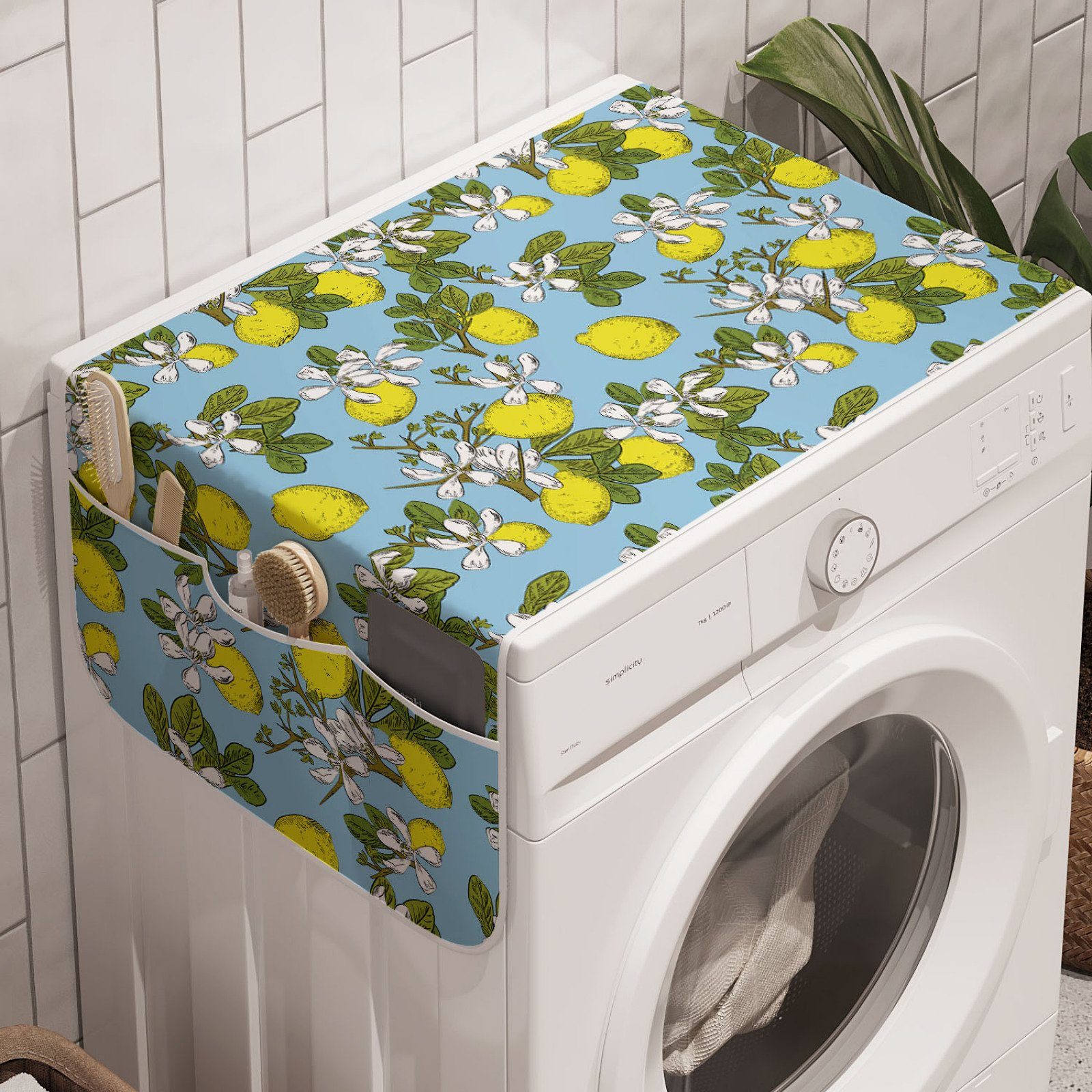 Blüten und Badorganizer für Lemon Motiv Waschmaschine mit Botanisch Abakuhaus Anti-Rutsch-Stoffabdeckung Trockner,