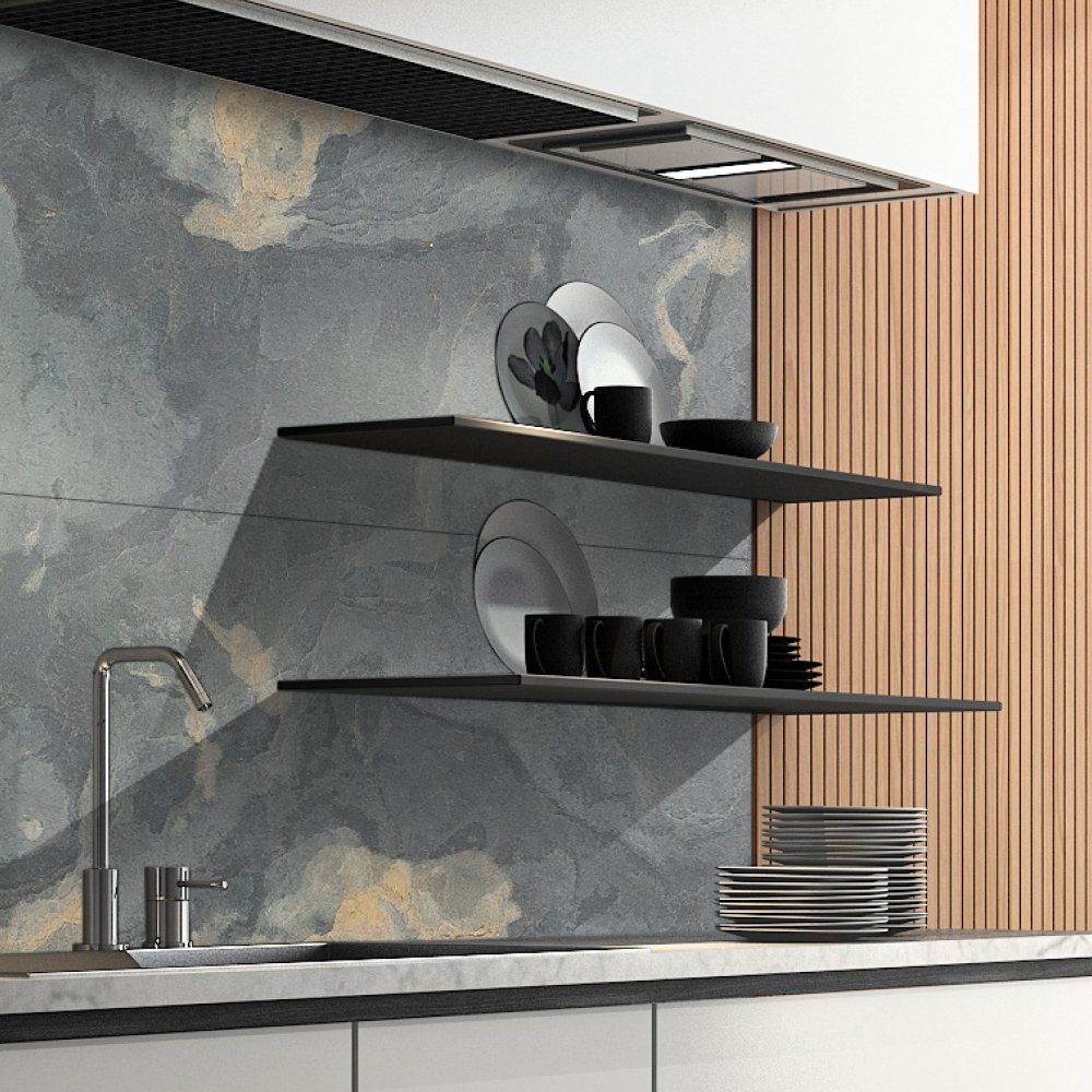 DRUCK-EXPERT Küchenrückwand Naturstein aus 100 % Echtstein - jede Platte ein Unikat Buntschiefer Beton Goldgrau | Küchenrückwände