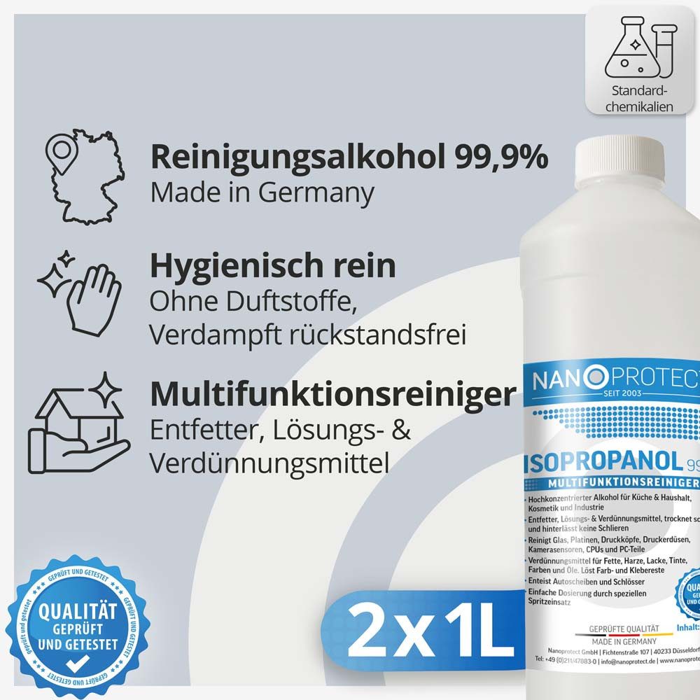 Nanoprotect Isopropanol 99,9% - 1 Liter Reinigungsalkohol (Premium IPA - Made in Germany - Für Haushalt und Elektronik)