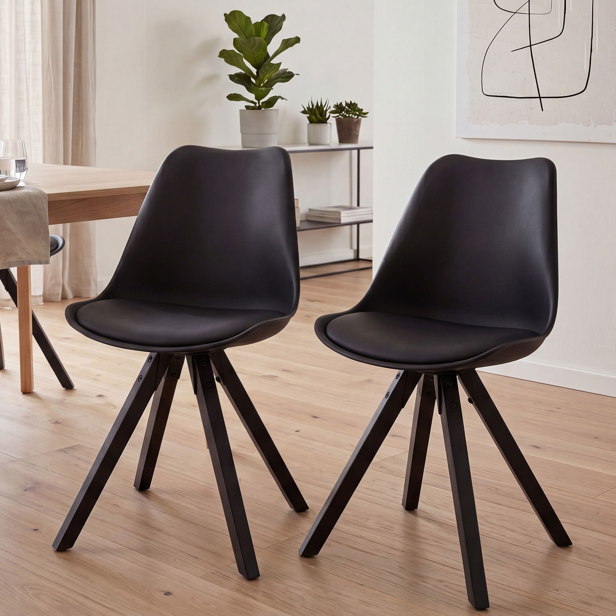 FINEBUY Esszimmerstuhl 2er Set Kunstleder Polsterstuhl Küchenstuhl (2er Set Retro Küchenstuhl Schwarz Kunstleder), Schalenstuhl Esszimmer, Polsterstuhl Skandinavisch