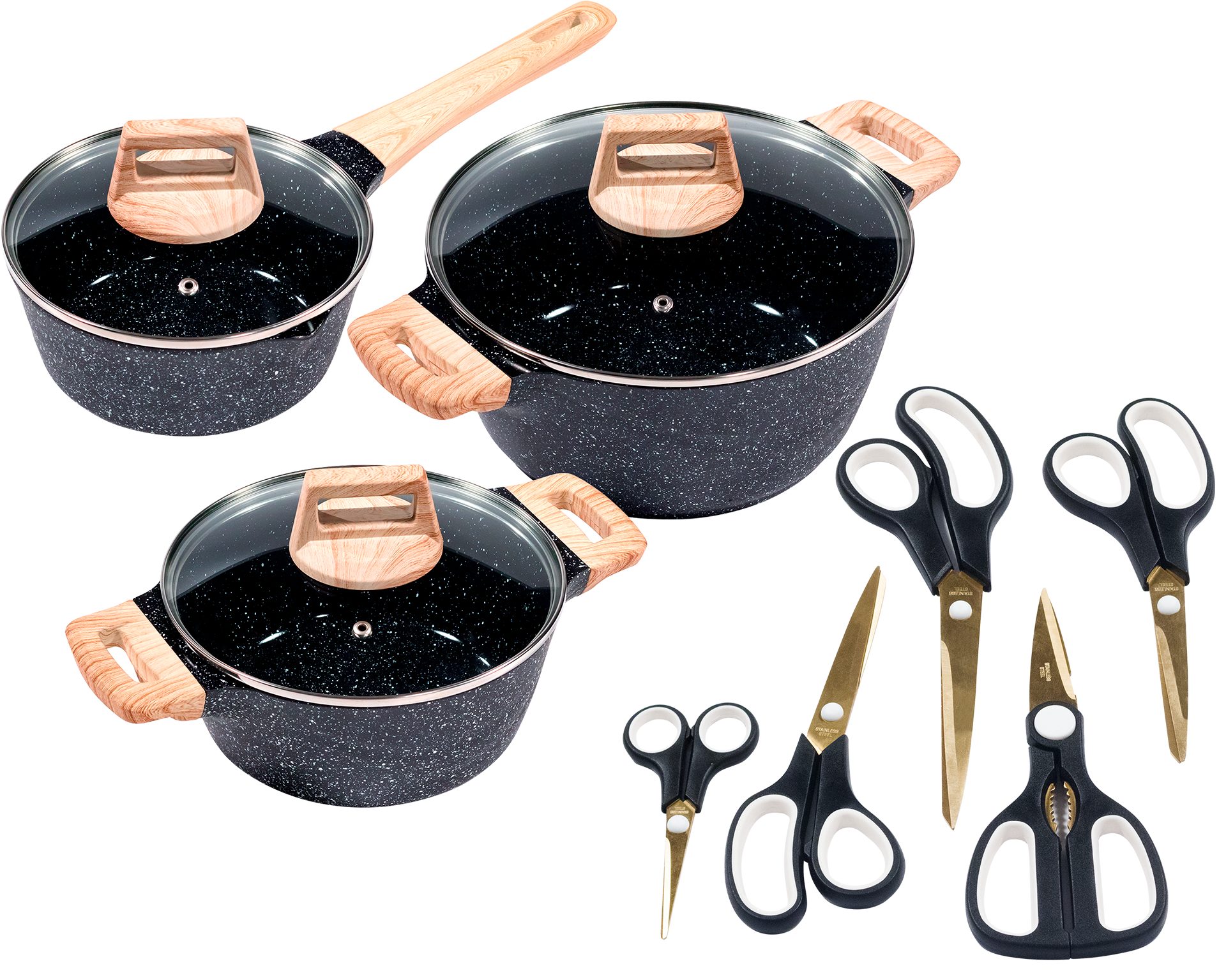 KING Topf-Set »ESSENTIAL« Aluminiumguss, Induktion, Antihaftbeschichtung, Aluminiumguss (Set, 11-tlg., 2 Töpfe, 1 Stieltopf, 3 Glasdeckel), inkl. 5 Scheren