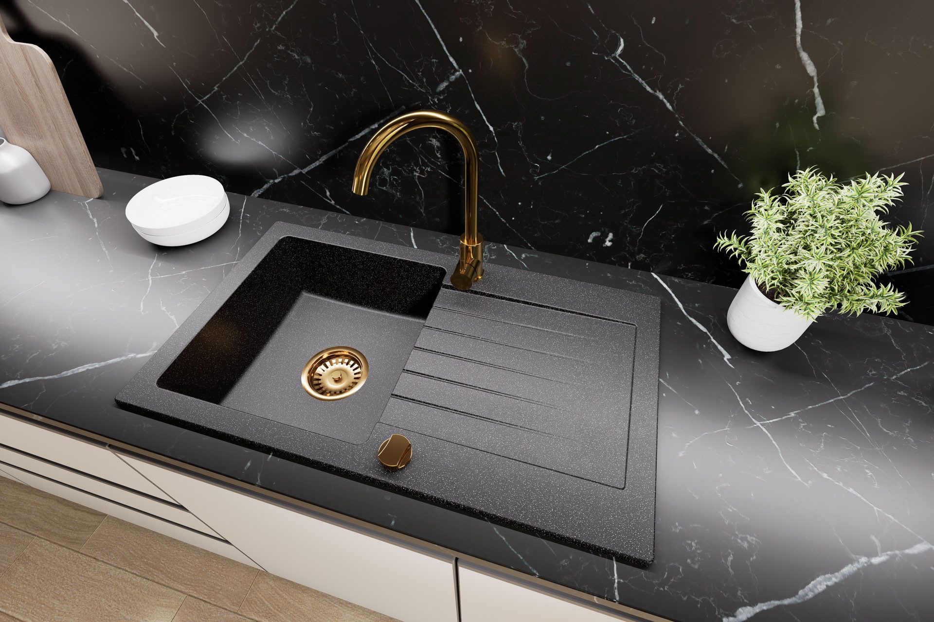 Faizee Möbel Granitspüle Granitspüle Küchenspüle inkl. Siphon Set Gold Einbauspüle 75x45, Rechteck, 75/45 cm