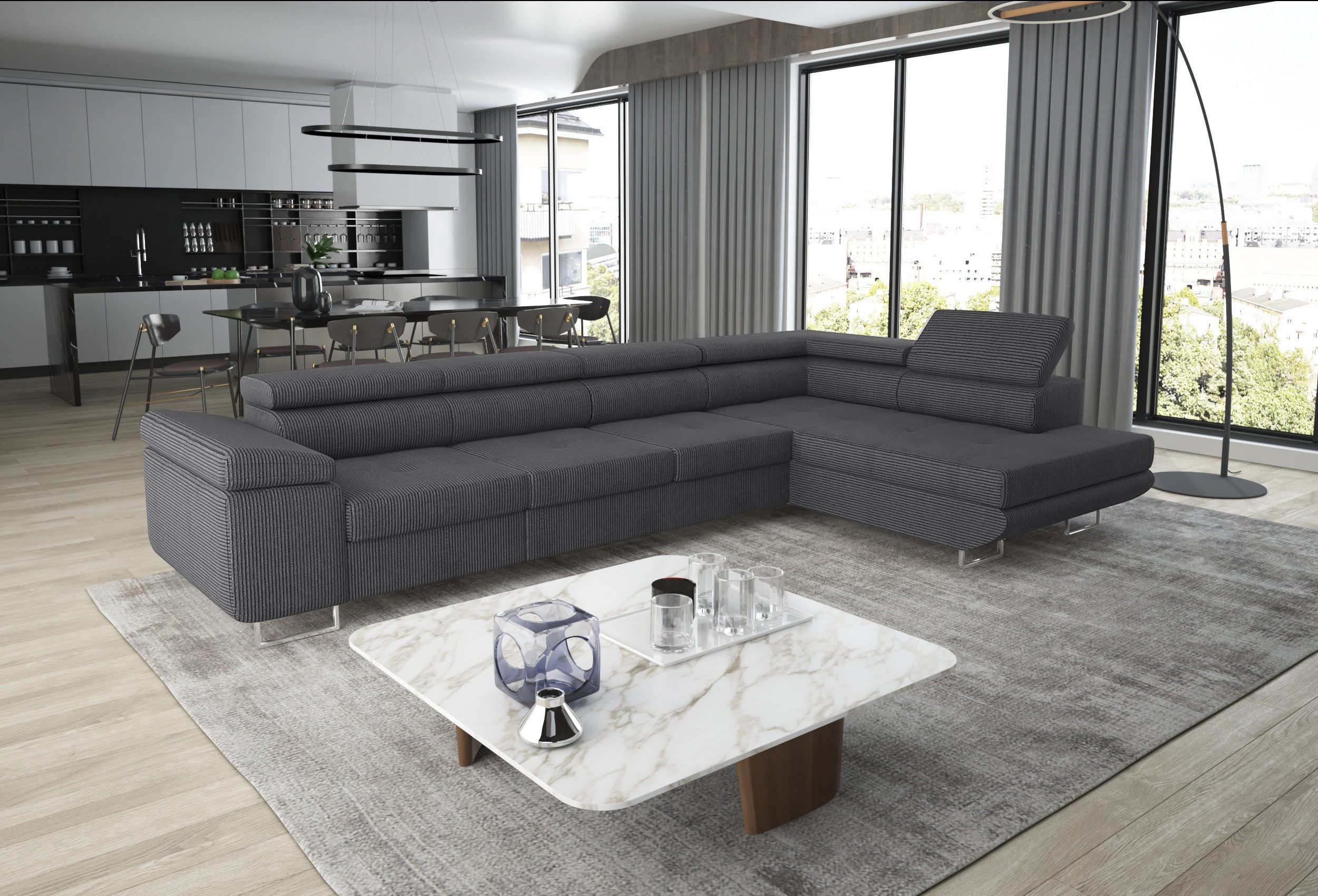 thematys Ecksofa ASTON LONG 355 x 204cm mit Schlaffunktion & Bettkasten – L-Sofa, mit 4 verstellbaren Kopfstützen, Cord (Poso) oder Samt (Monolith), - XXL Wohnlandschaft im modernen Design