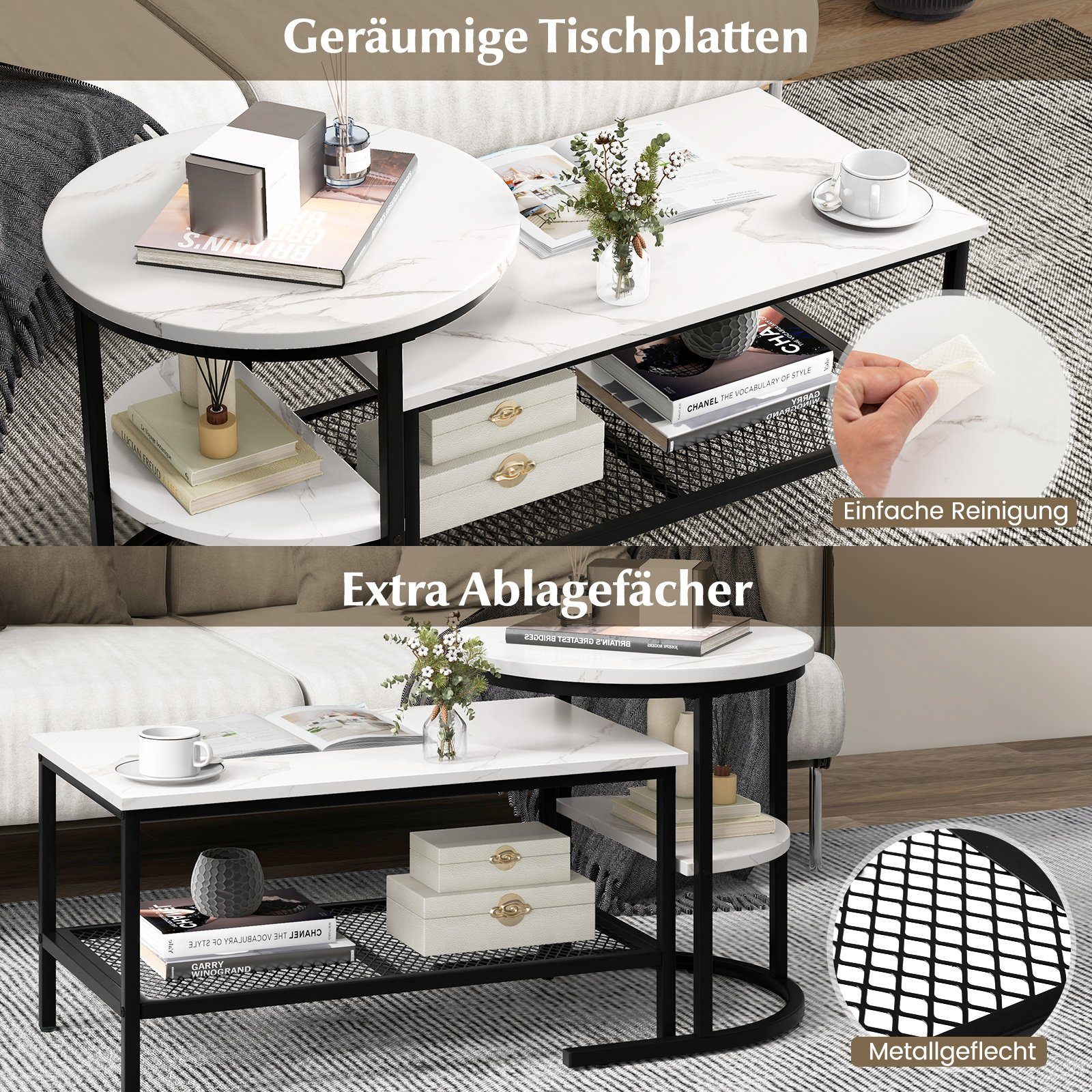 COSTWAY Couchtisch, 2er Set, Marmor, Beistelltisch mit Stauraum, Gold, Metall