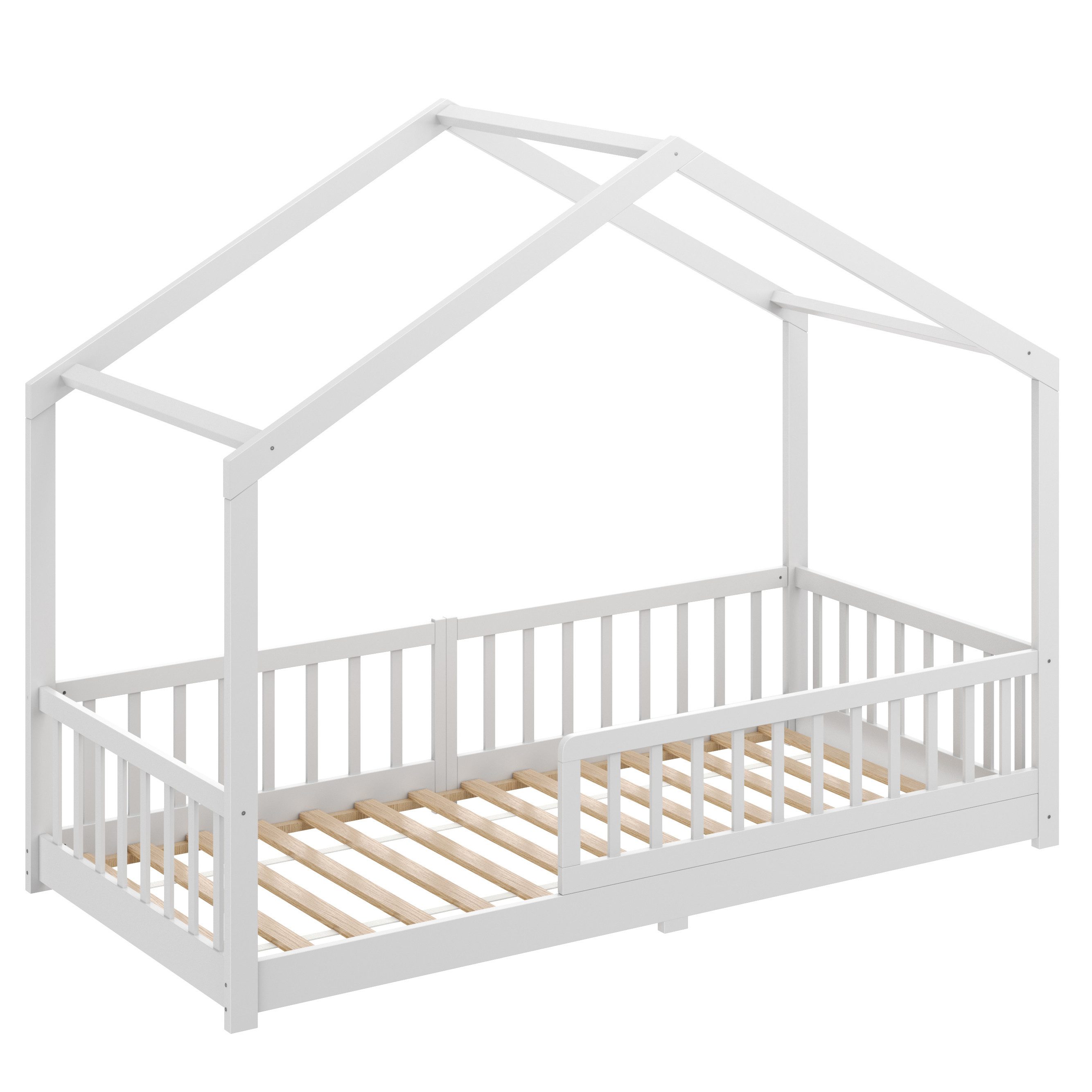 CADANI Kinderbett Malte Hausbett Bodenbett - Rausfallschutz abnehmbar - bis 200 kg (90x200 cm, Montessori Kinder- & Jugendbett aus Kiefer Massivholz), inkl. sta – Bild 2 von 5