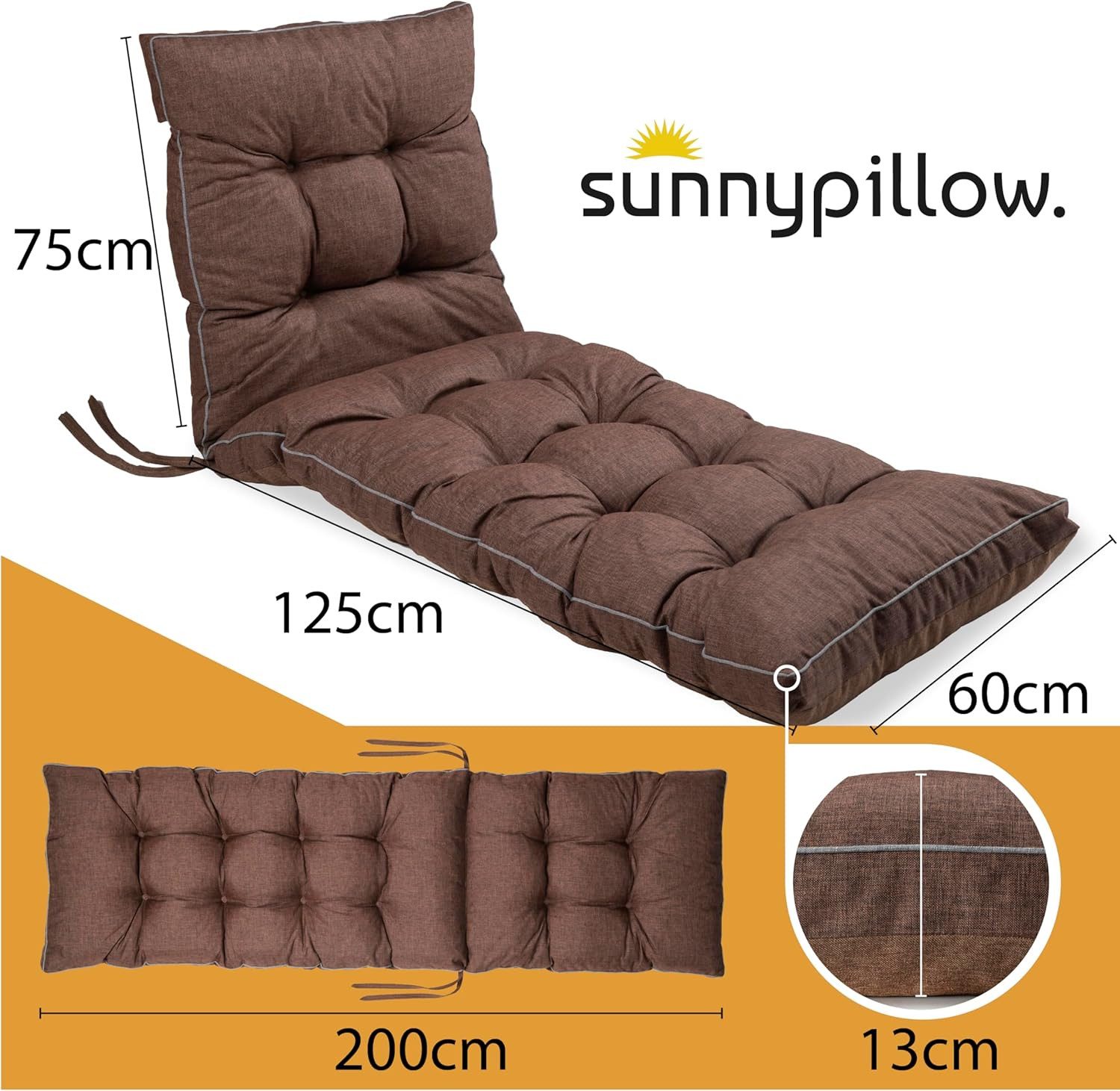 sunnypillow Liegenauflage 200 x 60 - Auflage für Gartenliege extra dick 13cm, Braun