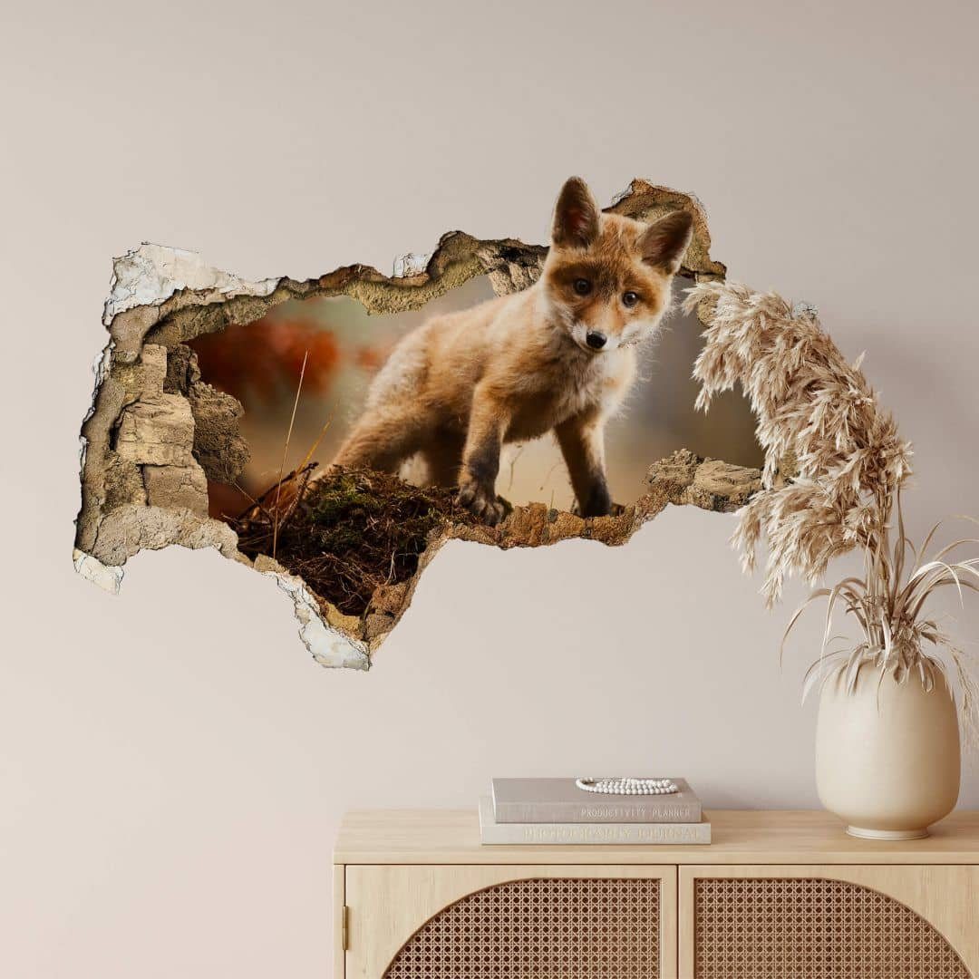 K&L Wall Art Wandtattoo 3D Wandtattoo Aufkleber Adamec Junger Baby Fuchs  Kinderzimmer Waldtiere, Mauerdurchbruch Wandbild selbstklebend