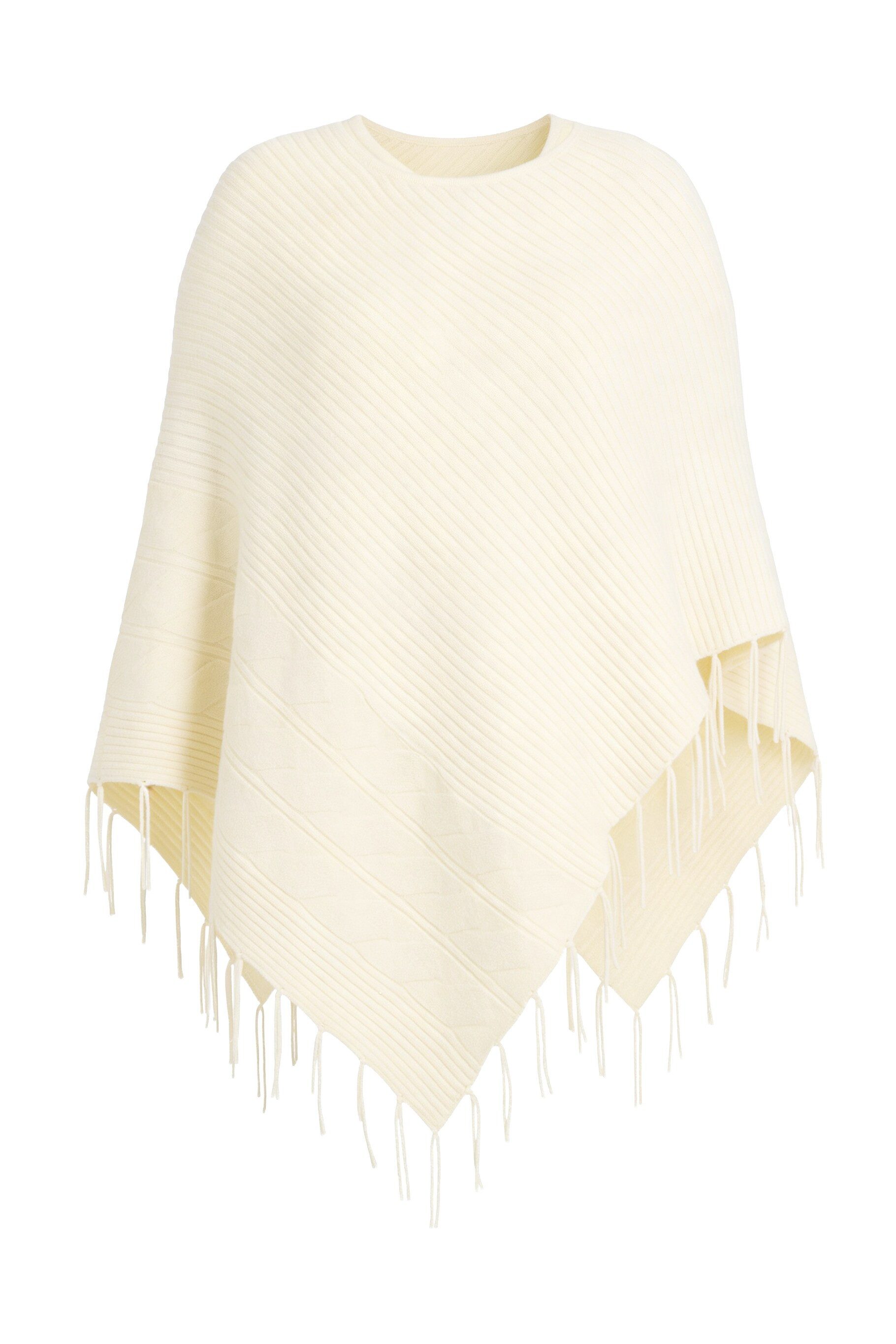Pullunder Poncho oversized Feinstrick Zopfmuster Fransen