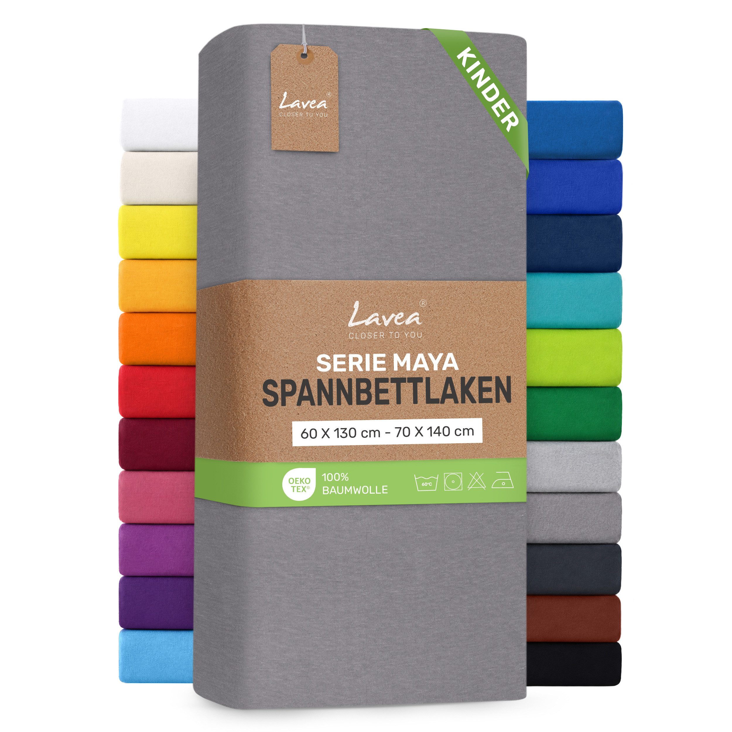 Lavea Spannbettlaken Bettlaken Maya, 180x200cm, 200x200cm, 140x200cm, 160x200cm, 100% Baumwolle Jersey, Gummizug: rundum, (1 Stück), für Matratzen, Topper, Boxspring- und Wasserbetten, weich, langlebig
