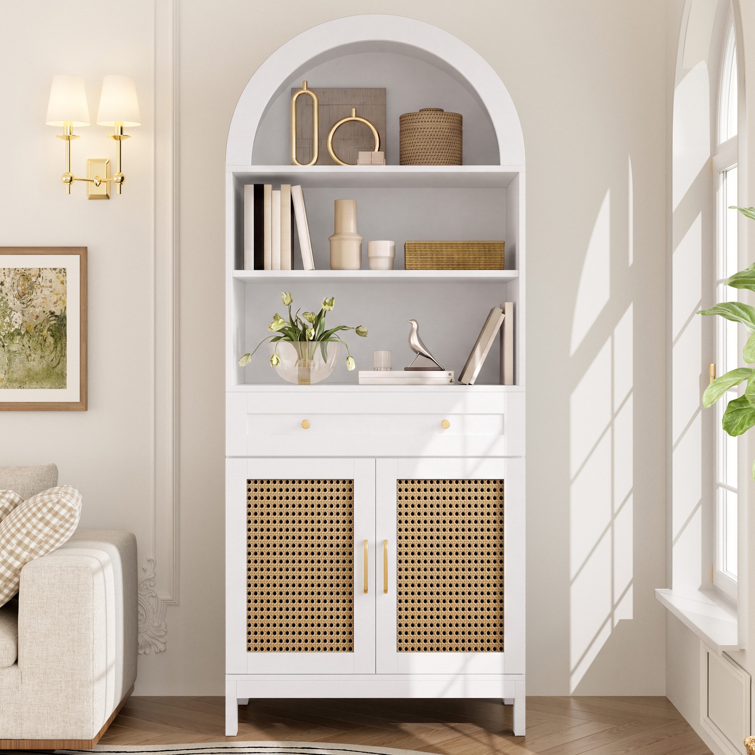 Flieks Hochschrank Bogenform mit Rattan-Doppeltüren, großer Schublade, 3 offener Fächern (gewölbter Aufbewahrungsschrank in Landhausstil, 1-St., B70/T40/H170 cm – Bild 3 von 5