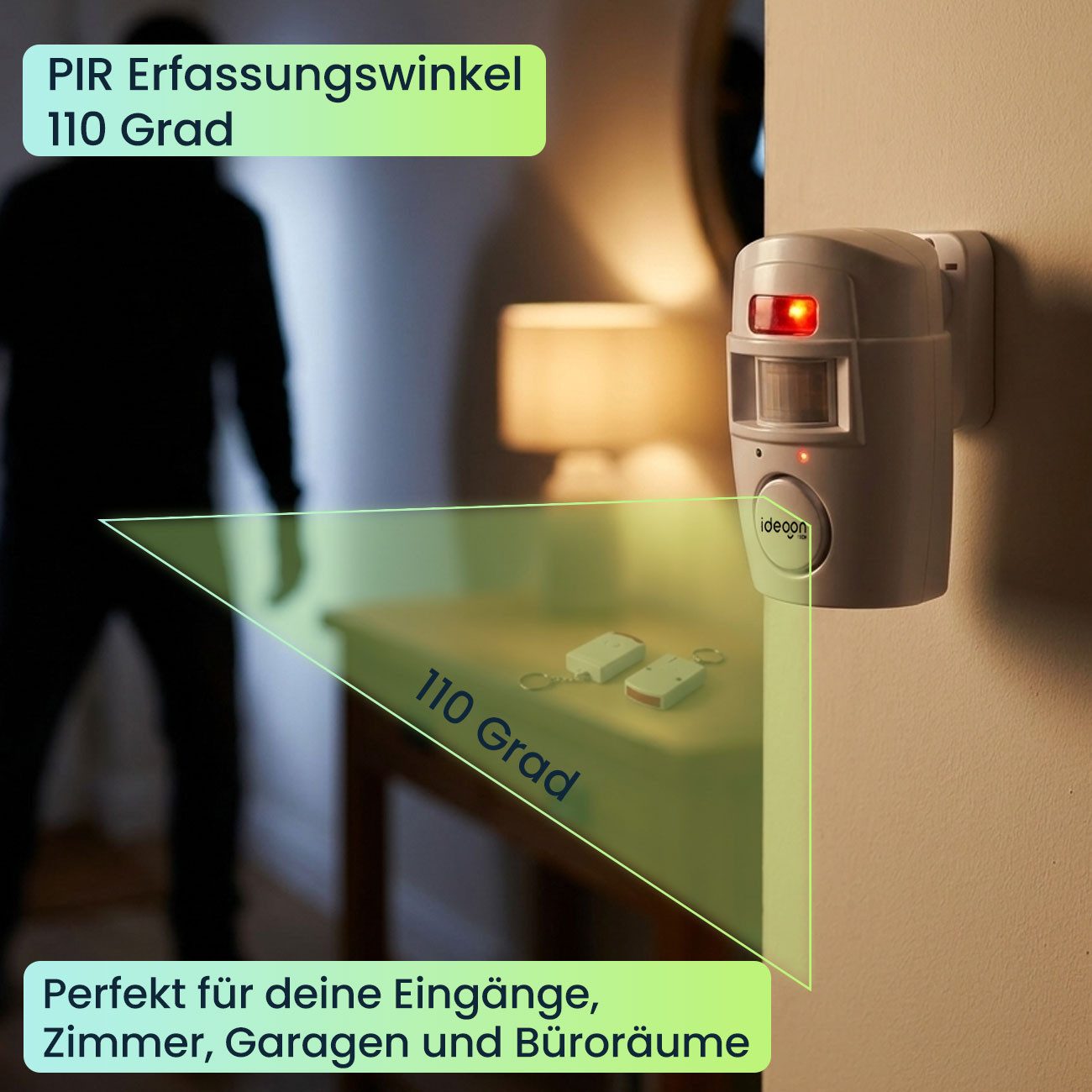 shop'n smile ideoon PIR Alarmanlage (105 dB) mit 2 Fernbedienungen, Hausalarm & Schutz Alarmanlage (PIR-Sensor-Reichweite: 5 m)