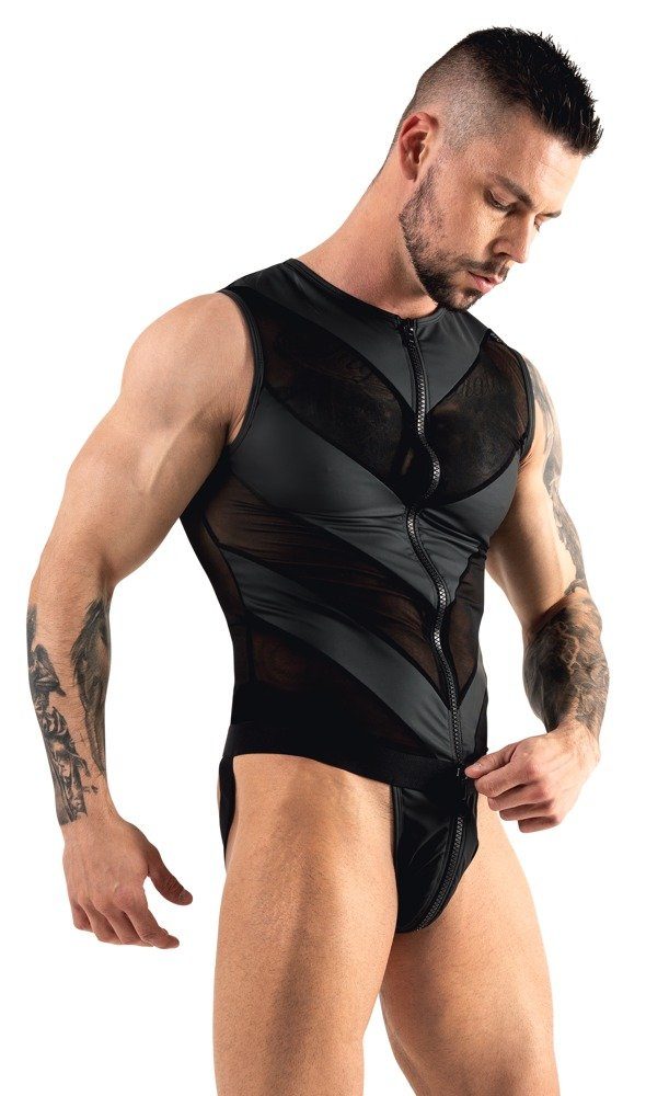 Svenjoyment Body Jock-Strap Wetlook Body transparent - schwarz (1-tlg) Vorne 3-Wege-Reißverschluss bis in den Schritt