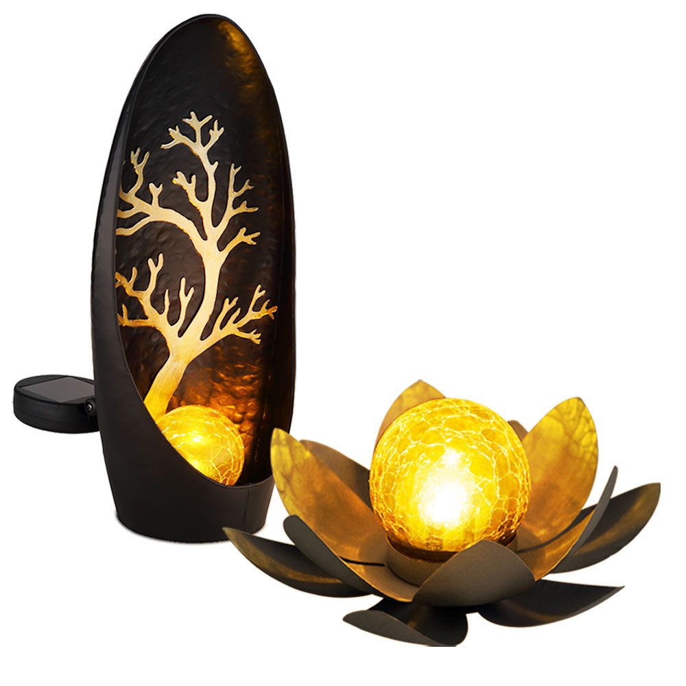 GLOBO LIGHTING LED Solarleuchte, LED-Leuchtmittel fest verbaut, Warmweiß, Solarlampe Außenleuchte Crackleglas amber Lotusblume LED Baummotiv