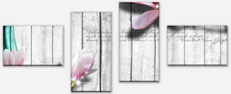 wandmotiv24 Mehrteilige Bilder Holz Blüten türkis, Abstrakt (Set, 4 St), Wandbild, Wanddeko, Leinwandbilder in versch. Größen