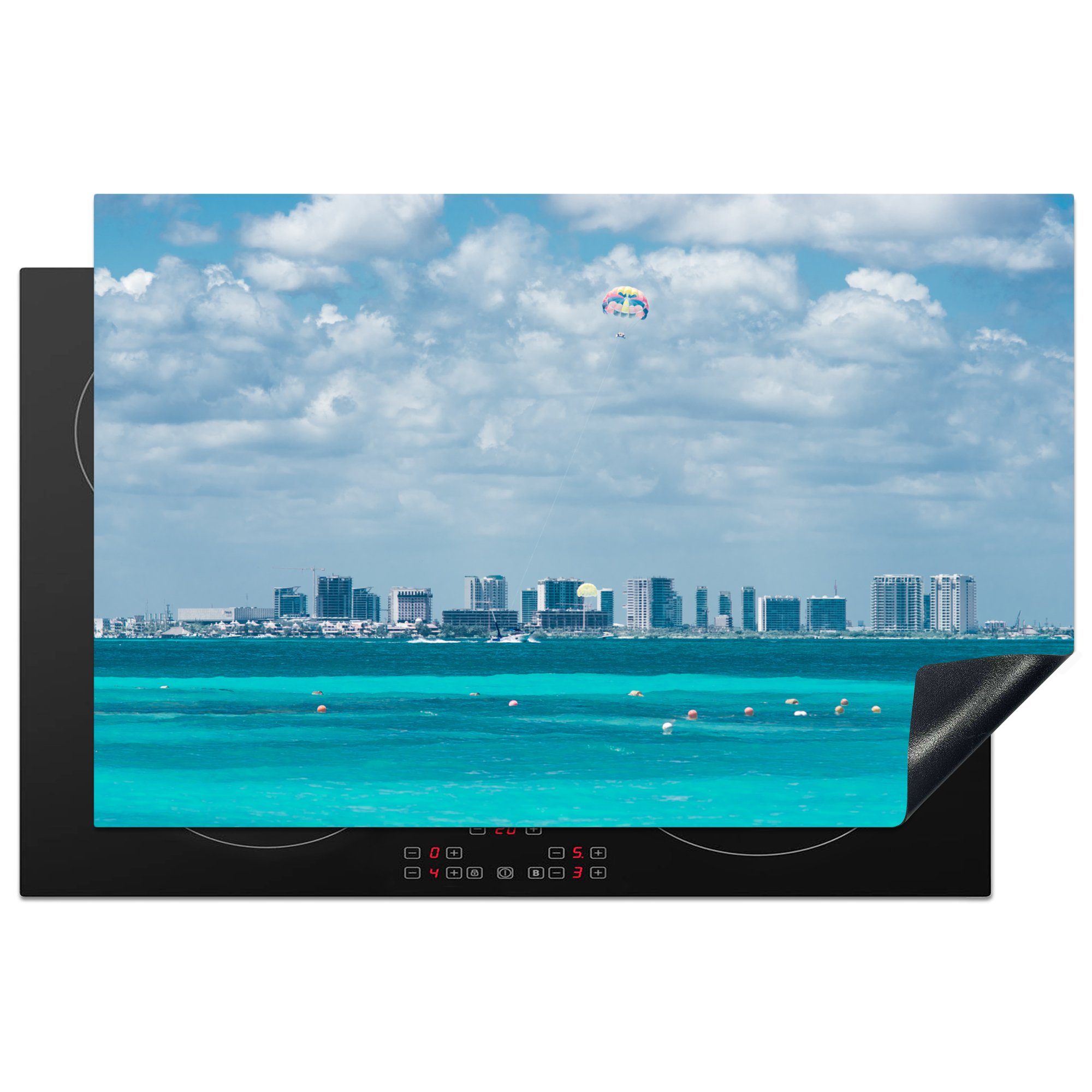 MuchoWow Herdblende-/Abdeckplatte Skyline von Cancun in Mexiko, Vinyl, (1 tlg), 81x52 cm, Induktionskochfeld Schutz für die küche, Ceranfeldabdeckung