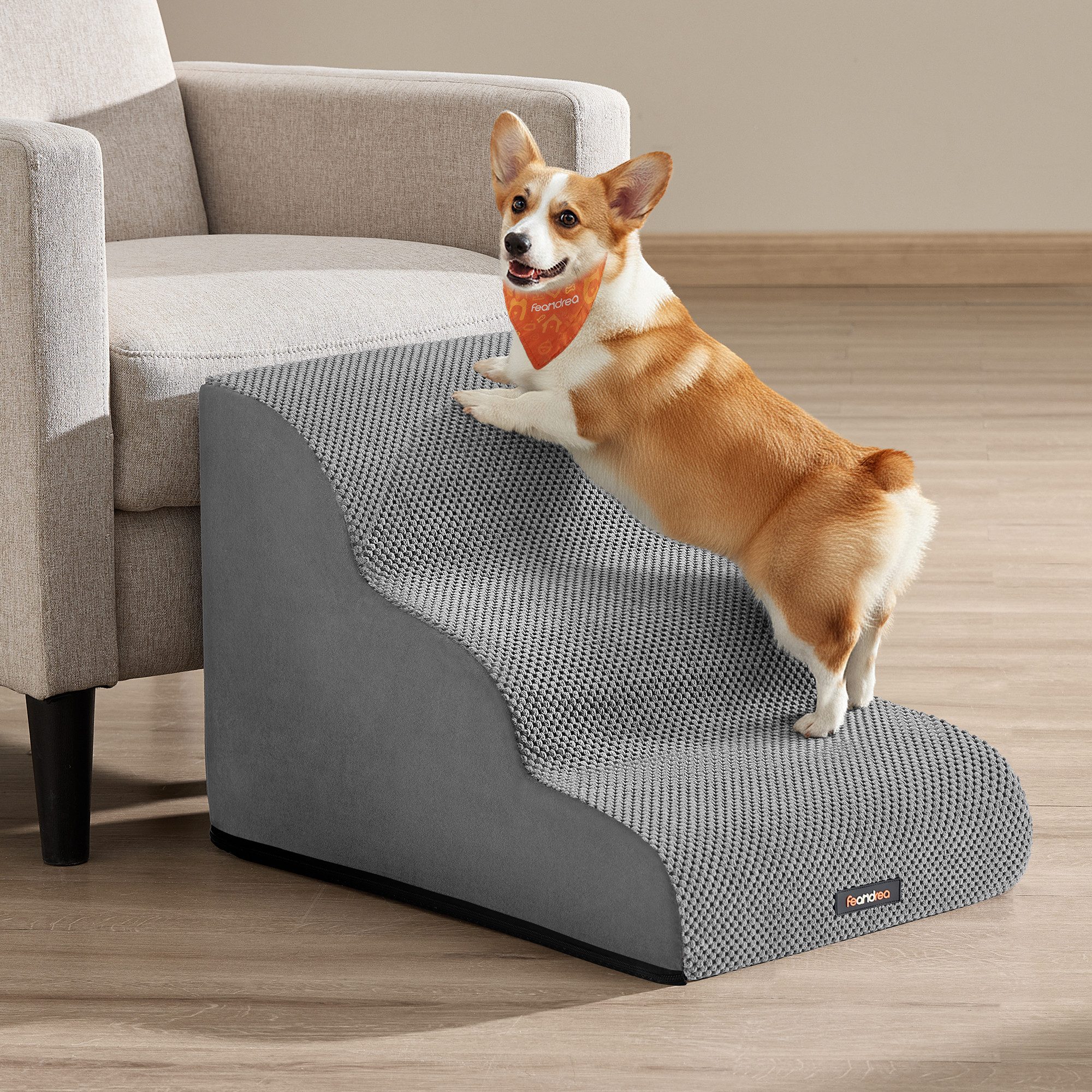 FEANDREA Haustiertreppe 2/3/4-stufig-Hundetreppe,waschbar,rutschfest geringe Neigung für Bett, Sofa, Waffelcord, wasserdicht, abnehmbarer waschbarer Bezug