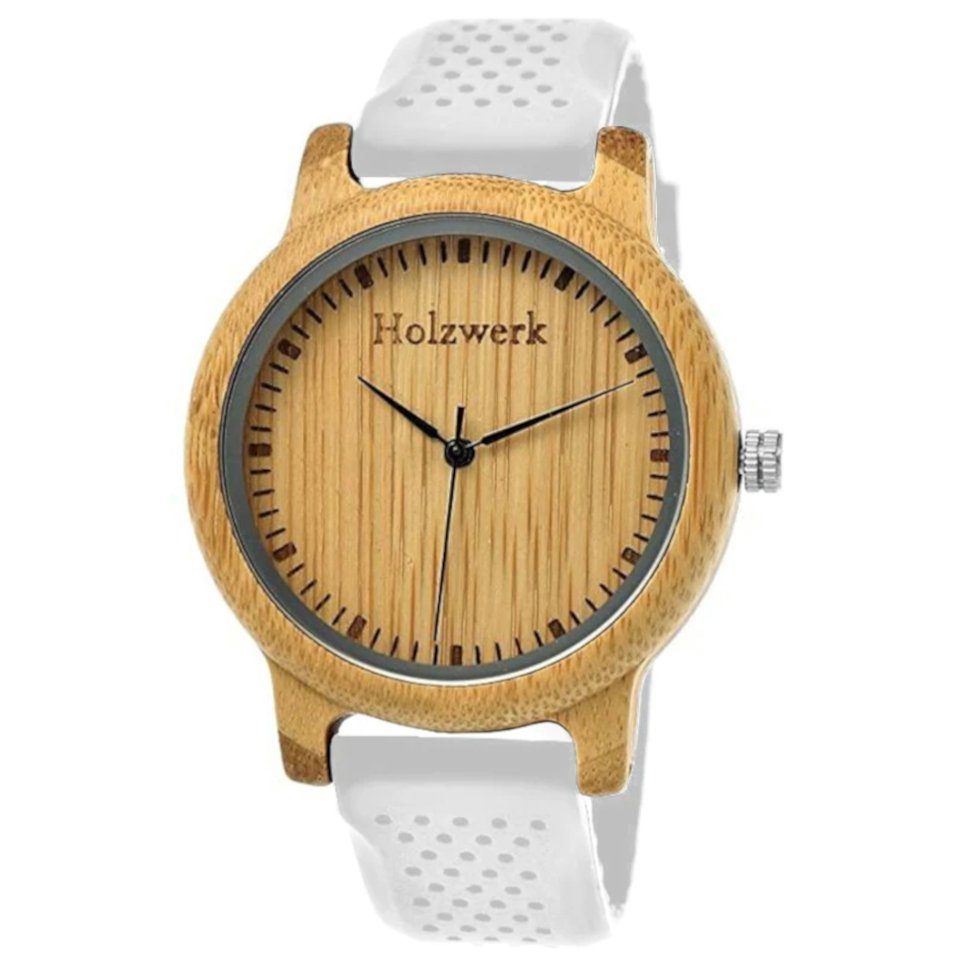 Holzwerk Quarzuhr CELLE Damen & Herren Holz Uhr mit Silkon Armband in weiß & beige