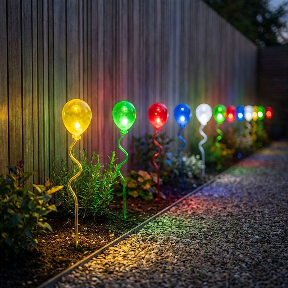 Harms Import LED Dekofigur, LED-Leuchtmittel fest verbaut, Farbig, Warmweiß, 10x LED Solarleuchte transparent bunt Luftballon-Form Erdspieß H 60 cm