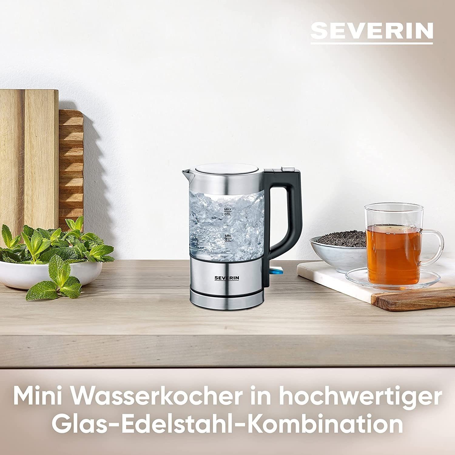 WK 3499 Glas 1100 SEVERIN Edelstahl-gebürstet, max. schwarz, Severin Mini 0,5L, Wasserkocher W, Wasserkocher