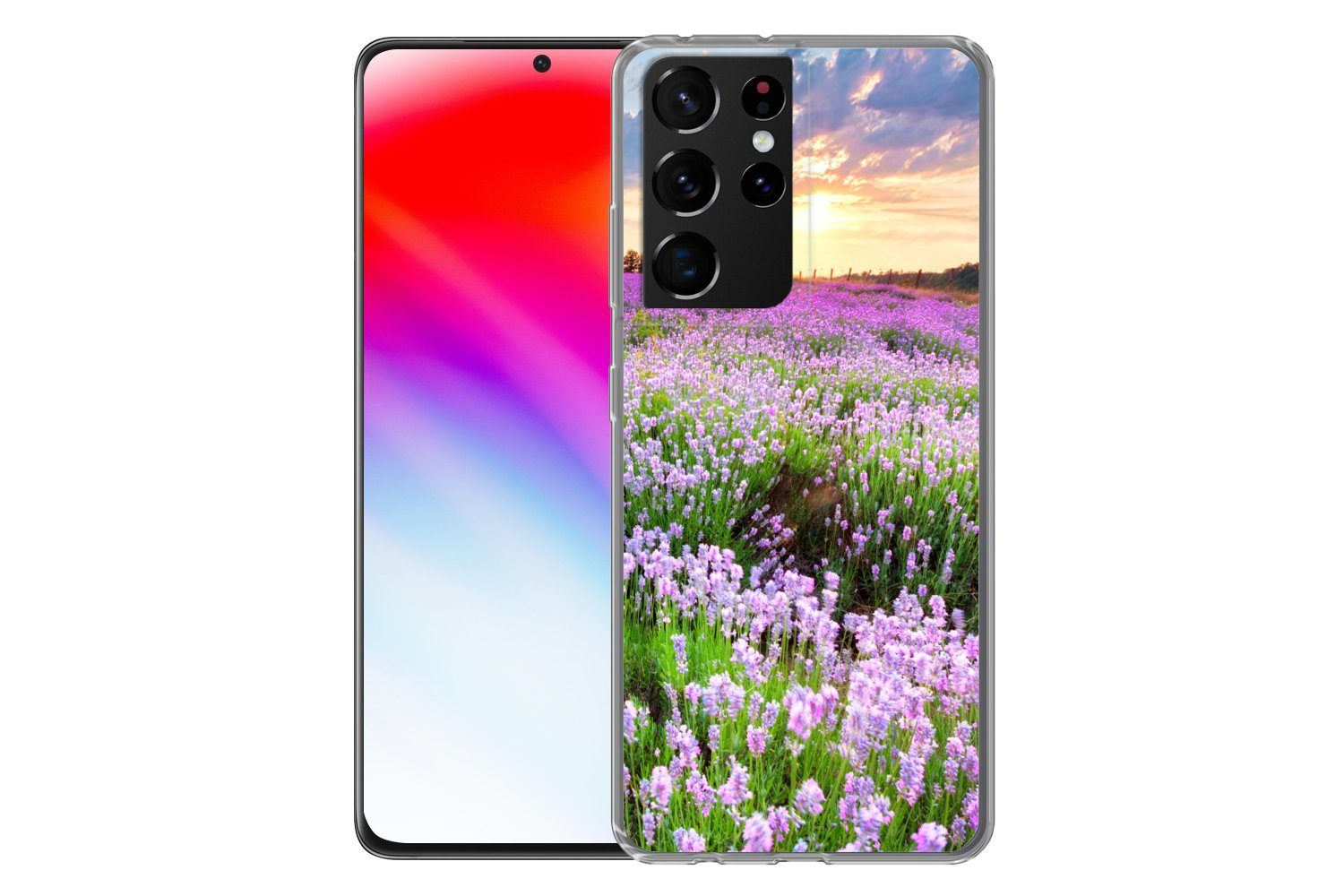 MuchoWow Handyhülle für Samsung Galaxy S21 Ultra Blumen - Lavendel - Lila - Himmel - Sonne, Phone Case, Silikon, Schutzhülle Dünn