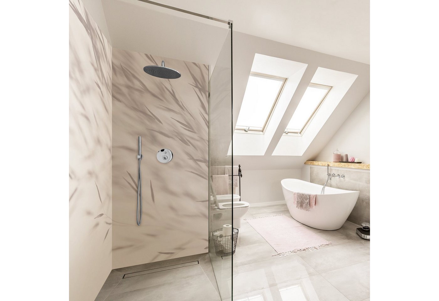 Thumbnail - Bilderdepot24 Duschrückwand Landhaus beige Duschrückwand ohne Bohren Dusche Floral, (2-tlg., 0,61 mm starke Folie selbst...