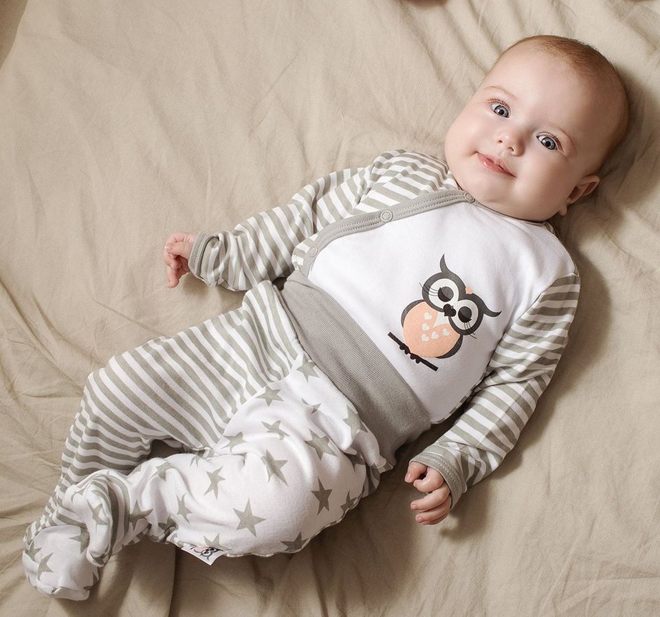 Druckknopfleiste Baby Body Eule praktischer in mit Wickeloptik Neugeborene (1-tlg) für Mädchen Makoma Langarmbody