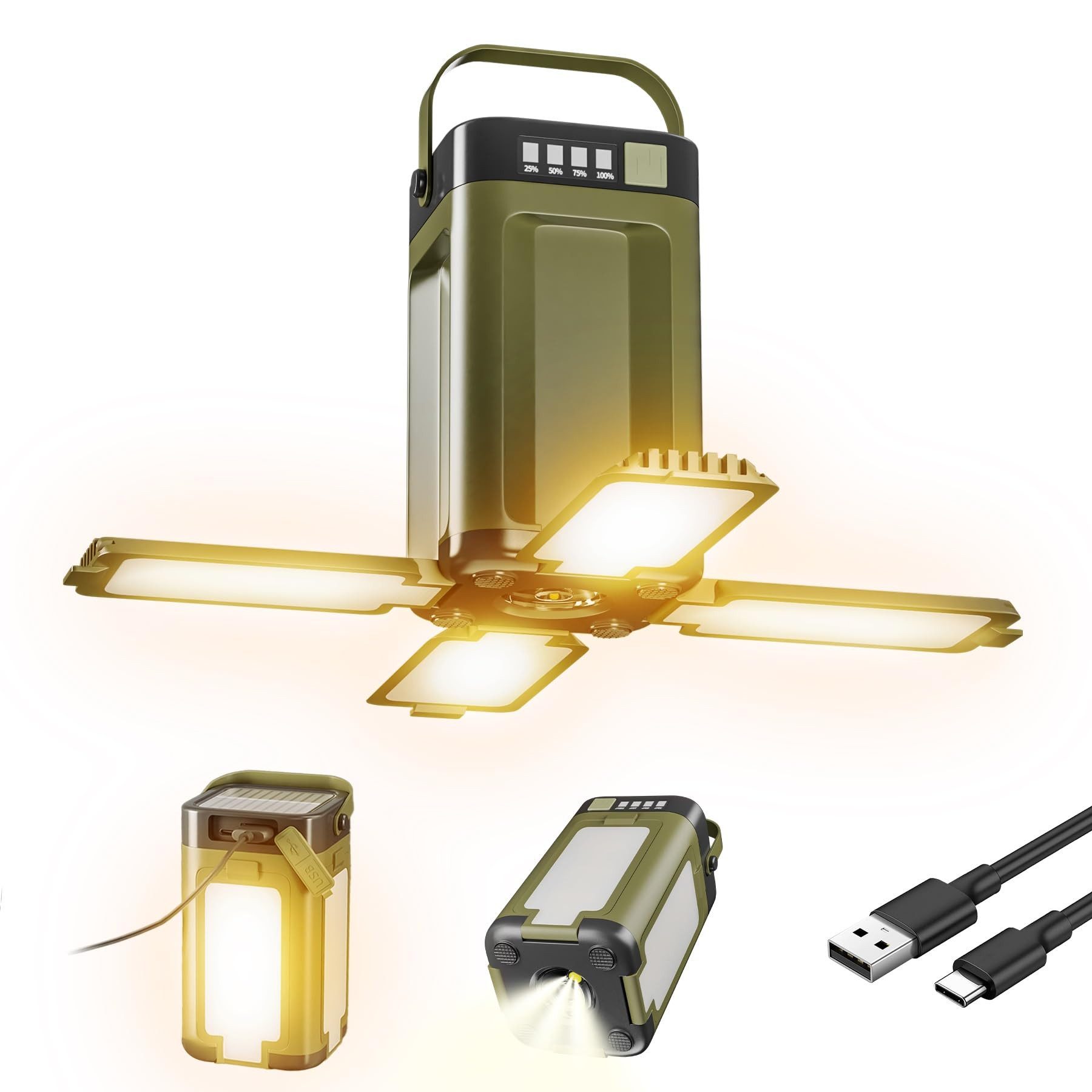 AIBISTAR LED Laterne 6in1 Campingleuchte mit Powerbank Solar faltbar 2000mAh, LED Leuchtmittel, Weiss, Warmgelb, Orange, LED Campinglampe,6 Lichtmodi,Blinkmodus,4 bewegliche Leuchtflügel