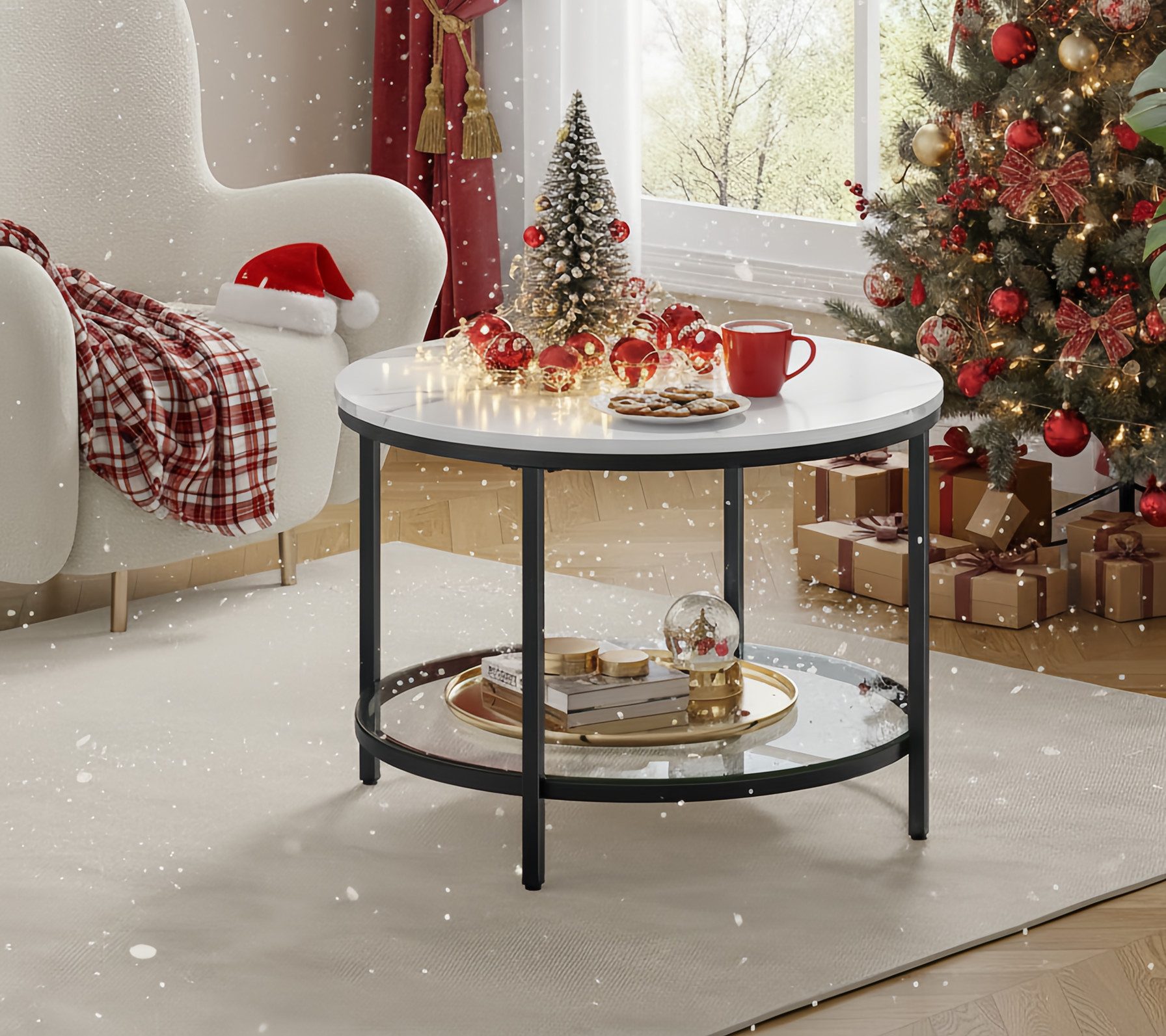 VASAGLE Couchtisch, Beistelltisch, Ø 65/80 x 46cm, Marmoroptik, Hartglasablage unten