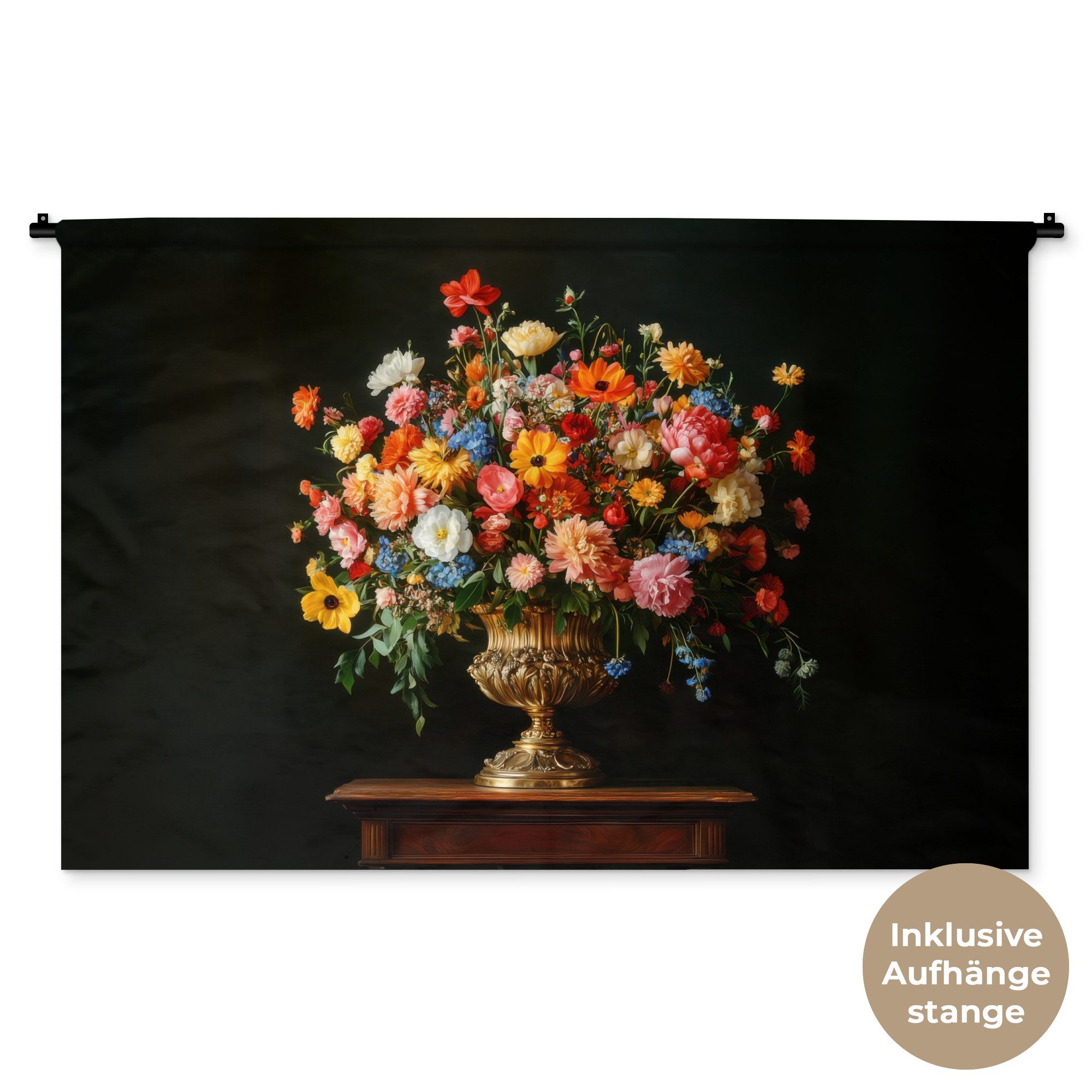MuchoWow Wandteppich Gold - Blumen - Farben - Vase, Rechteckig, Höhe: 3 mm, Wandtuch, Wanddekoobjekt, 120x80 cm