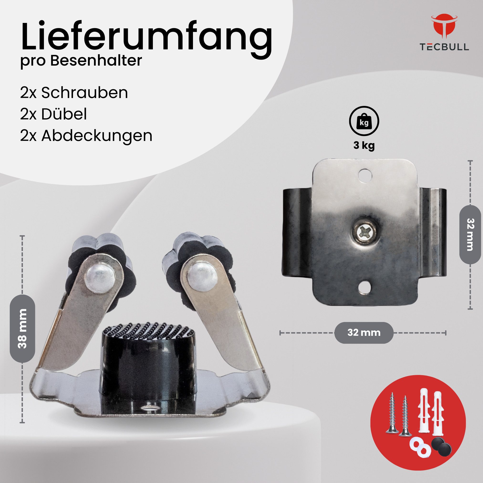 TECBULL Wandhalterung Besenhalter Edelstahl Besenhalterung Wand ohne Bohren, (12-tlg., Mopphalter, Mop Halter, Mopp Halterung, Wischmnopp, Besen, Edelstahl, Silikonrollen)