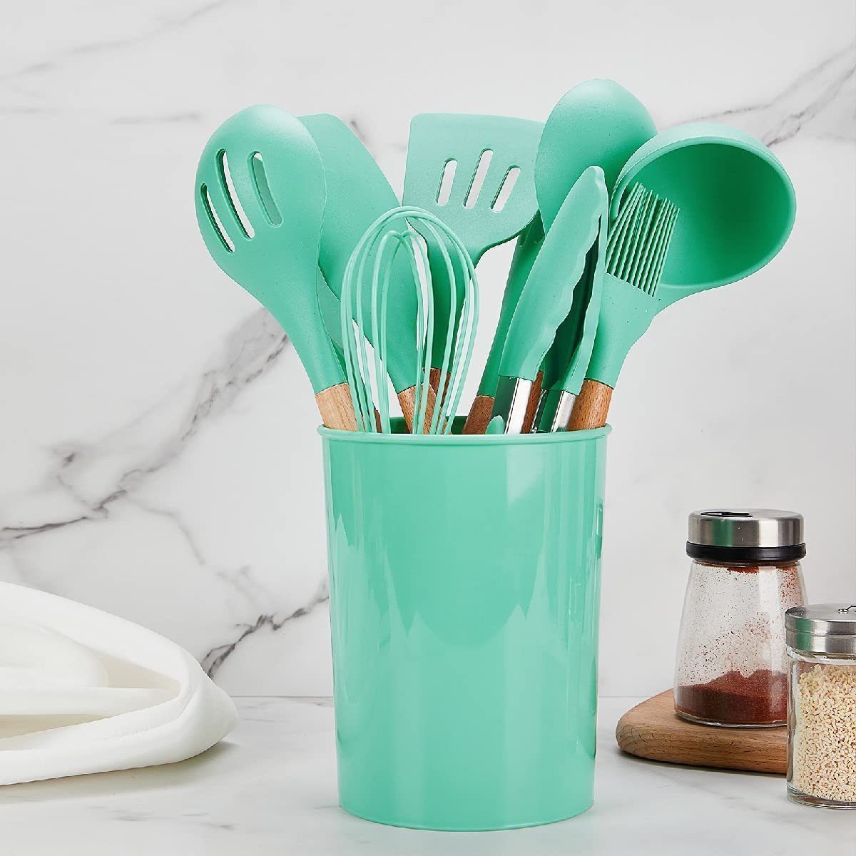 Faizee Möbel Kochbesteck-Set Küchenhelfer Set 12tlg Silikon Kochbesteck Holzgriff Küchenutensilien (12-tlg) – Bild 3 von 4
