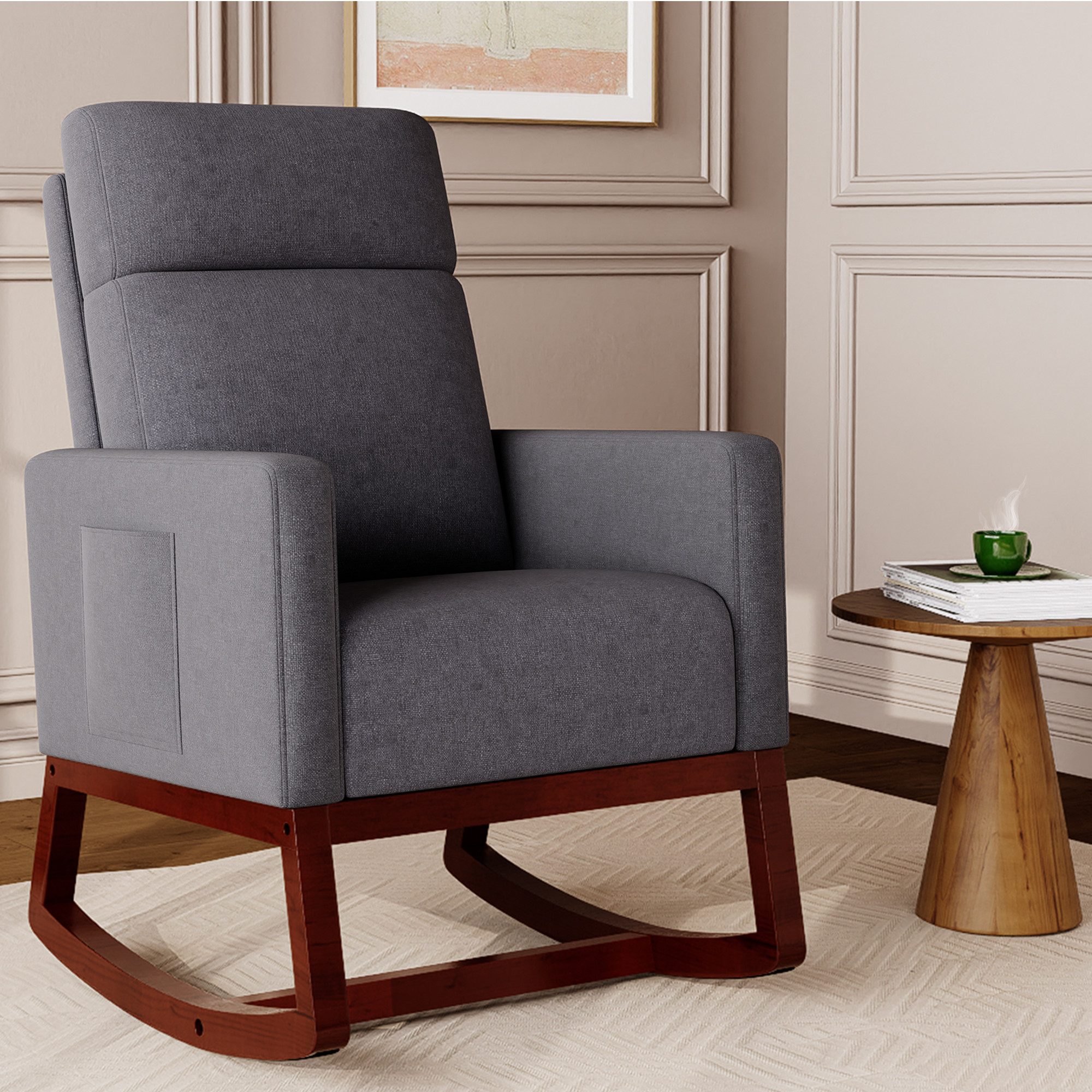Aunekiv Schaukelstuhl aus Leinen mit Seitentasche, Massivholzgestell, belastbar bis 150 kg (1 St), Ergonomischer Relaxstuhl im Mid-Century Design