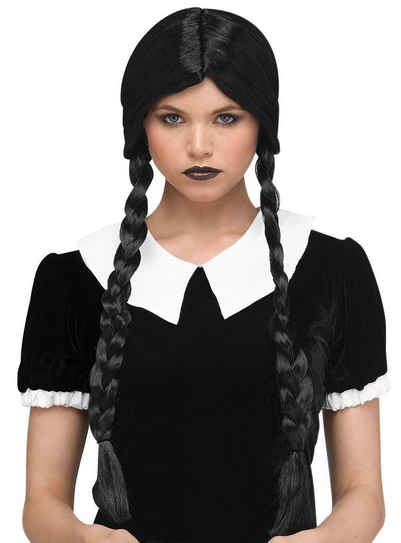 Fun World Kostüm-Perücke Gothic Schulmädchen Perücke für Erwachsene, Lange schwarze Haare mit seitlichen Zöpfen - eine mittlerweile ikonis