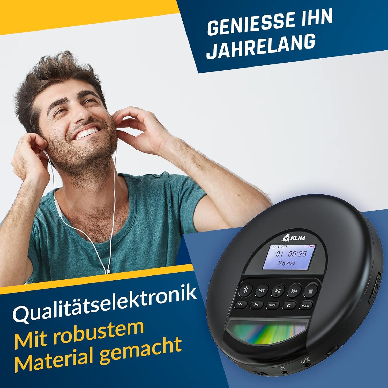 KLIM Nomad tragbarer CD-Player (Bluetooth, tragbarer Discman mit Kopfhörer, Ideal für Autos, MP3)