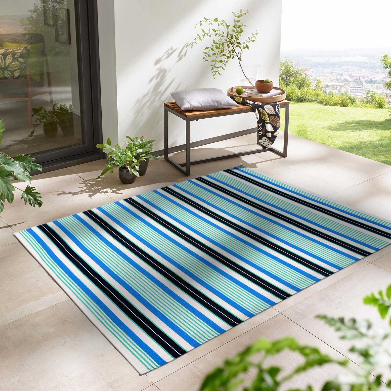 Teppich TaraCarpet Outdoor Teppich Santa Monica wetterfest, TaraCarpet, rechteckig, Höhe: 3 mm, Kurzflor blau-grün gestreift Balkon Garten Terrasse Camping 080x150 cm