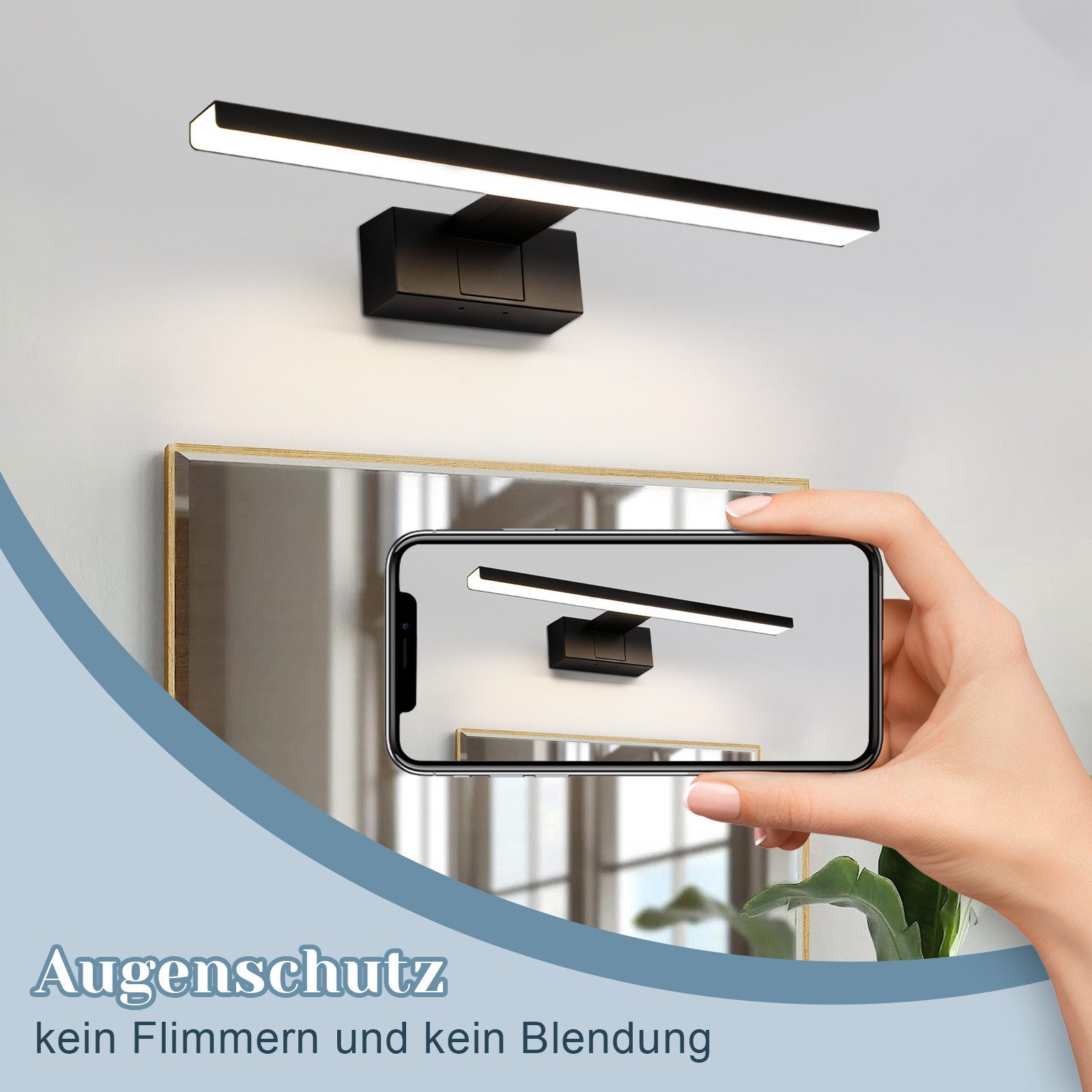 ZMH LED Spiegelleuchte Badezimmer Schwarz 30/40/60CM IP44 Neutralweiß Wandlampe für Keller, Multifunktion, LED fest integriert, 4000k, Wasserdicht, Einfach zu installieren, Augenschutz, 40CM