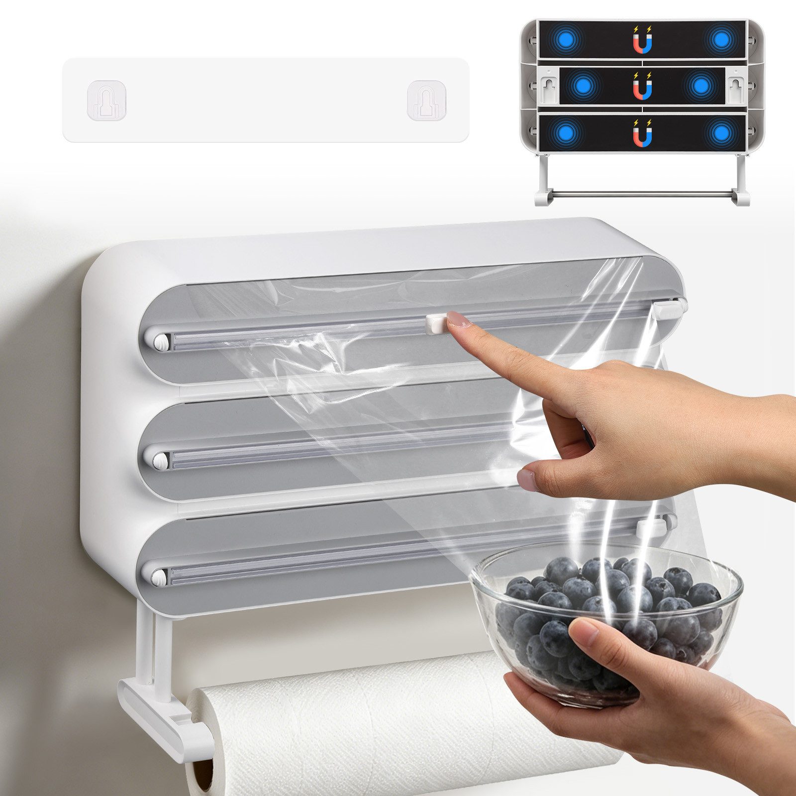 JOYOLEDER Küchenrollenhalter 4-in-1 Frischhaltefolienspender mit Küchenrollenhalter, (Platzsparender Wandrollenhalter, magnetisch & ohne Bohren), Folienschneider für Frischhaltefolie & Alufolie