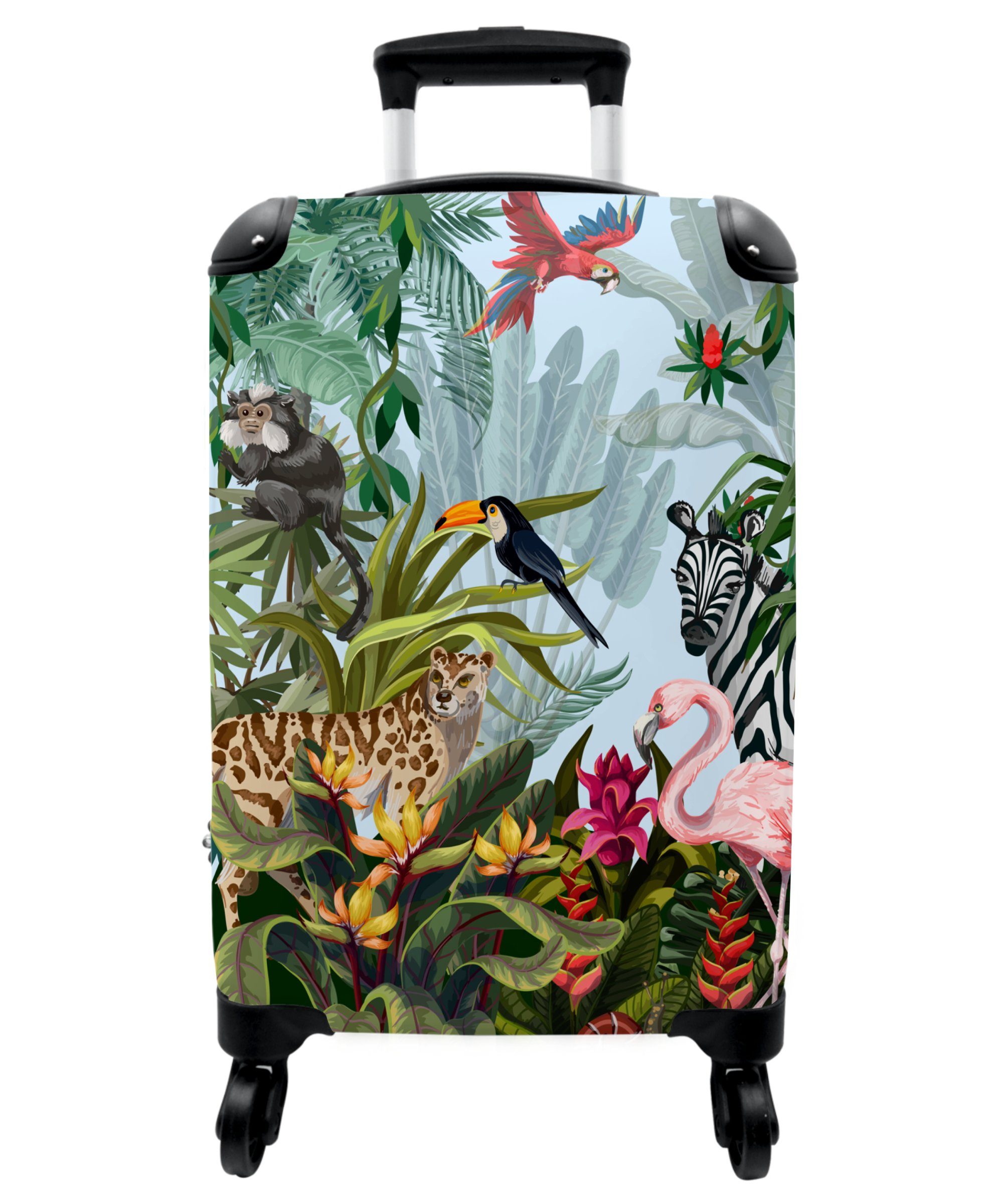 NoBoringSuitcases.com© Kinderkoffer Dschungel - Natur - Jungen - Mädchen - Kinder - Zebra - Flamingo 55x35, 4 Rollen, Reisetasche mit rollen, Handgepäck für Ferien, Kindertrolley, Koffer