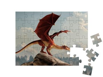 puzzleYOU Puzzle Ein roter Drache thront auf einem Hügel, 48 Puzzleteile, puzzleYOU-Kollektionen Drache, Tiere aus Fantasy & Urzeit