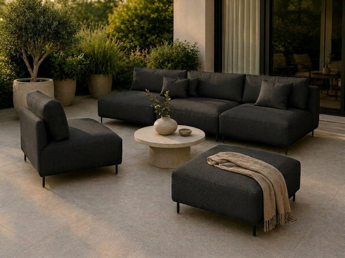 A&J MöbelLand GmbH Gartenlounge-Set Outdoor Lounge Set SUN – Sofa, Sessel und Hocker, (Outdoor Lounge Set für Garten und Terrasse, 3-teiliges modernes Garten Lounge Set), Wetterfestes Lounge Set für Garten und Terrasse