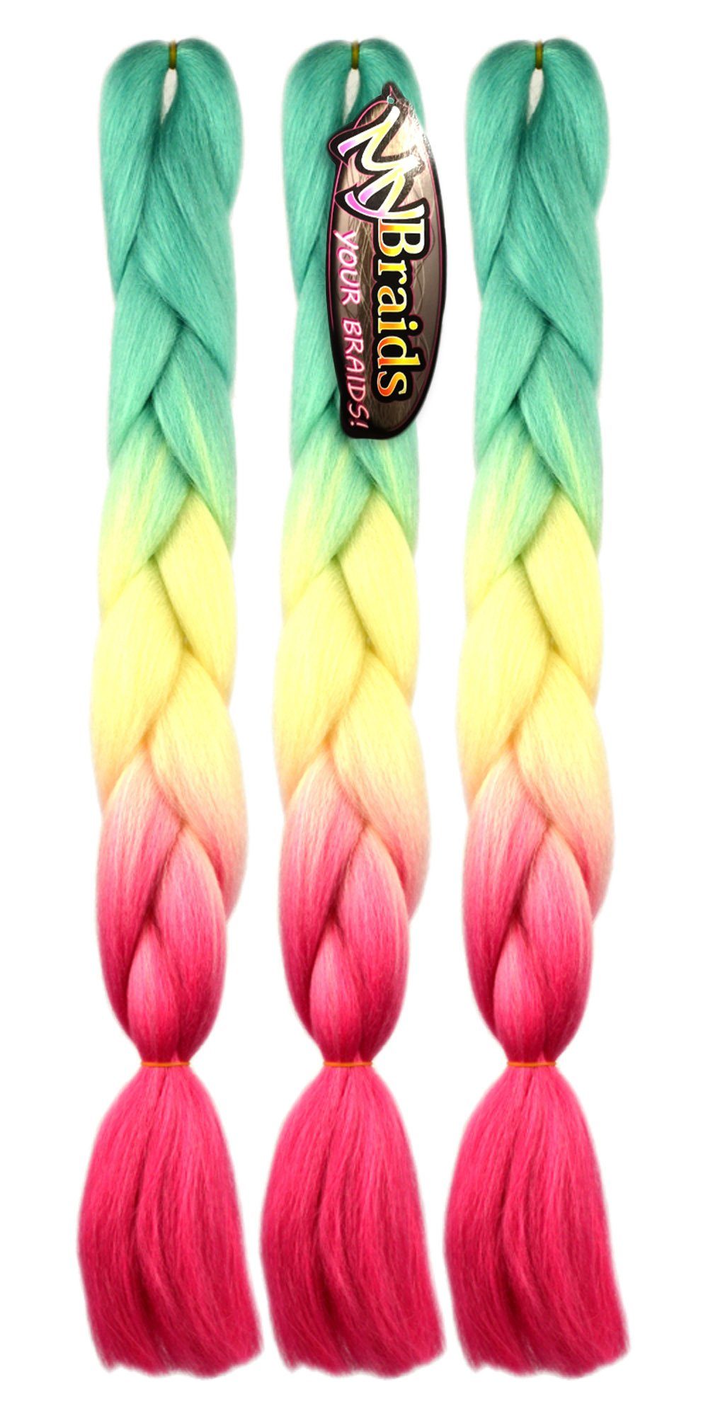 MyBraids YOUR BRAIDS! Kunsthaar-Extension Jumbo Flechthaar 3er im Braids Pack 39-CY Zöpfe 3-farbig Türkis-Hellblond-Fuchsia