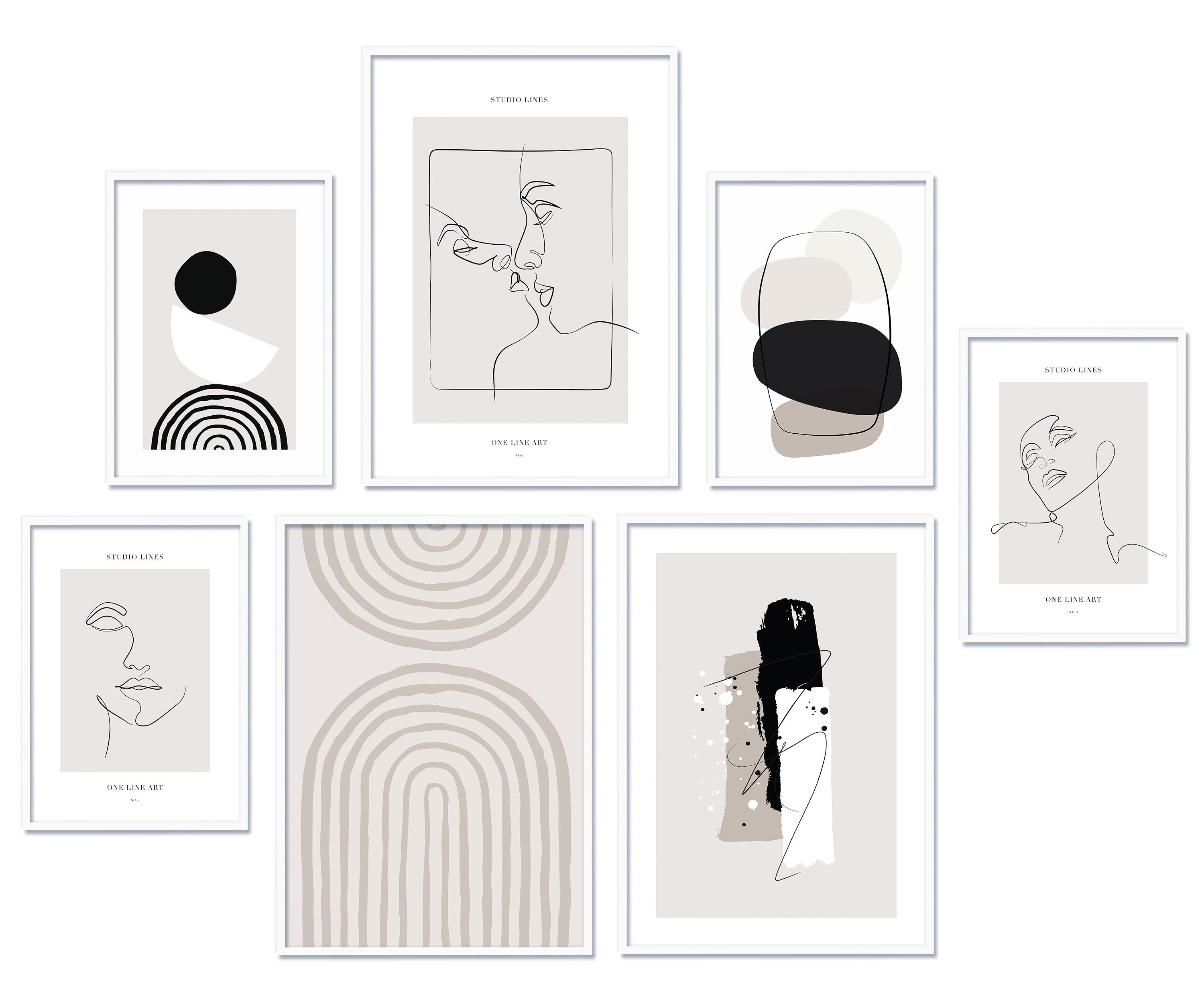 Hyggelig Home Poster Line Art, Premium Poster Set OHNE & MIT Rahmen - Wandbild schwarz weiß, Linien (Set, 7 St), Collage Gesichter Qualitätsdruck auf dickem Papier