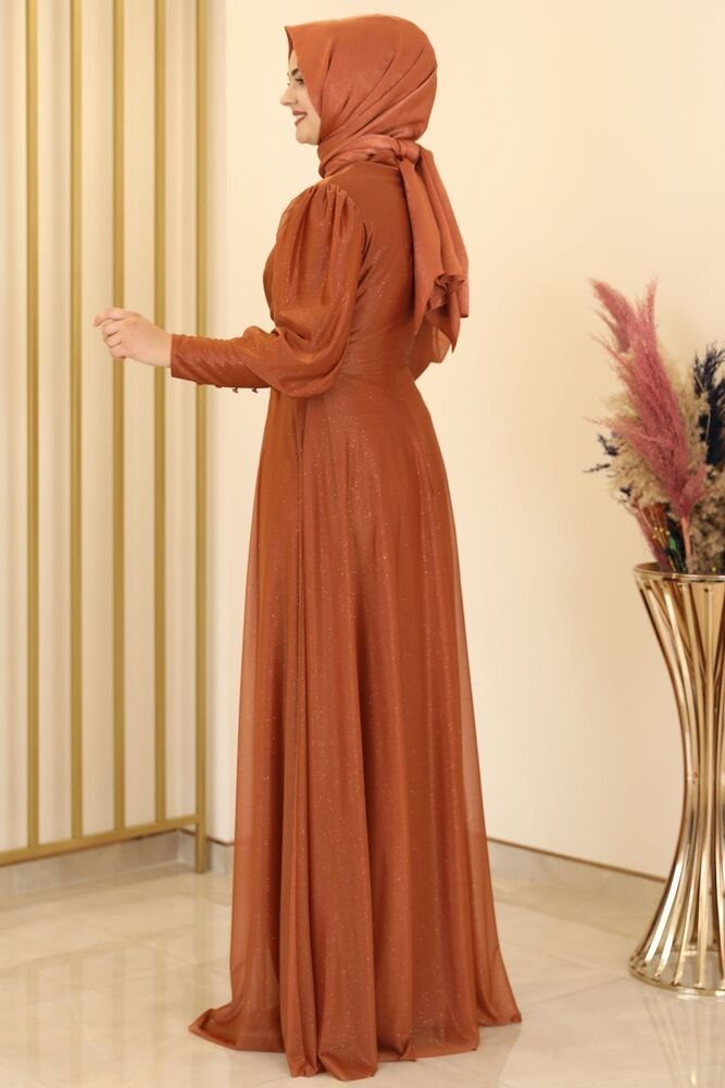 Abiye Fashion Tüllstoff Kleid Hijab Abendkleid Tüllkleid Modavitrini aus Modest Ziegelsteinrot Abaya Damen silbrigem
